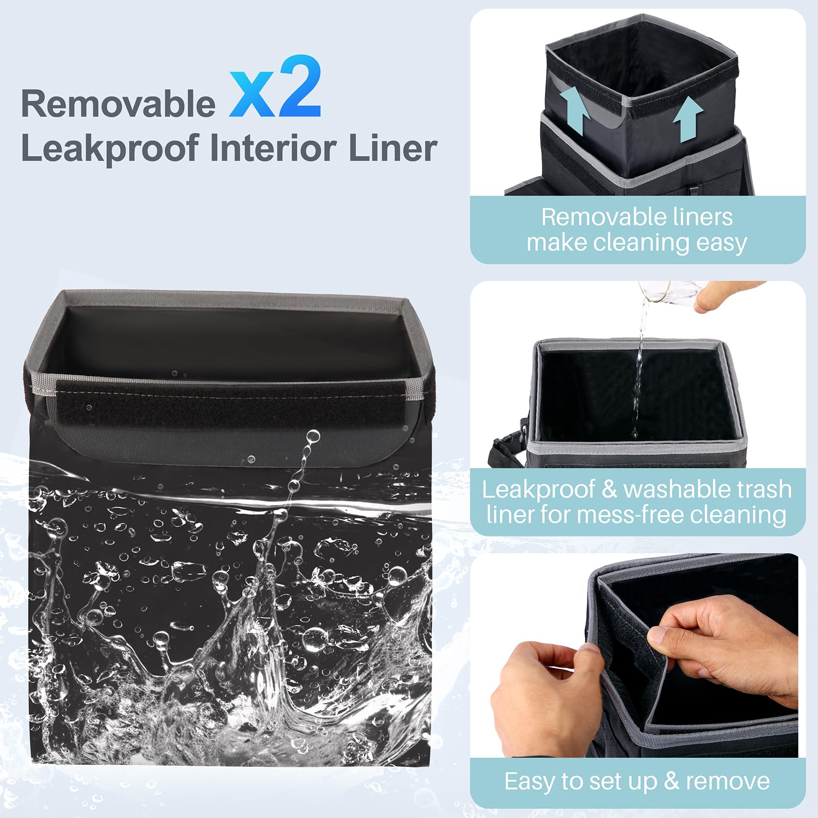 **Leakproof Car Trash Can for Back Seat - 2 Gallon Adjustable Car Garbage Bin with Removable Liners & Tissue Holder - Perfect for SUV, Sedan, Road Trips & Daily Commute (Black)**