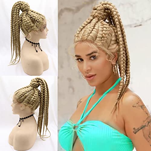 613 Blonde Braided Wigs for Black Women - Long 22 Inch Ponytail Box Braiding Wig with Lace Front & Baby Hair | Lightweight Synthetic Heat Resistant Fiber | Natural Hairline Cornrow Braid Wig for Daily Wear, Parties & Special Occasions