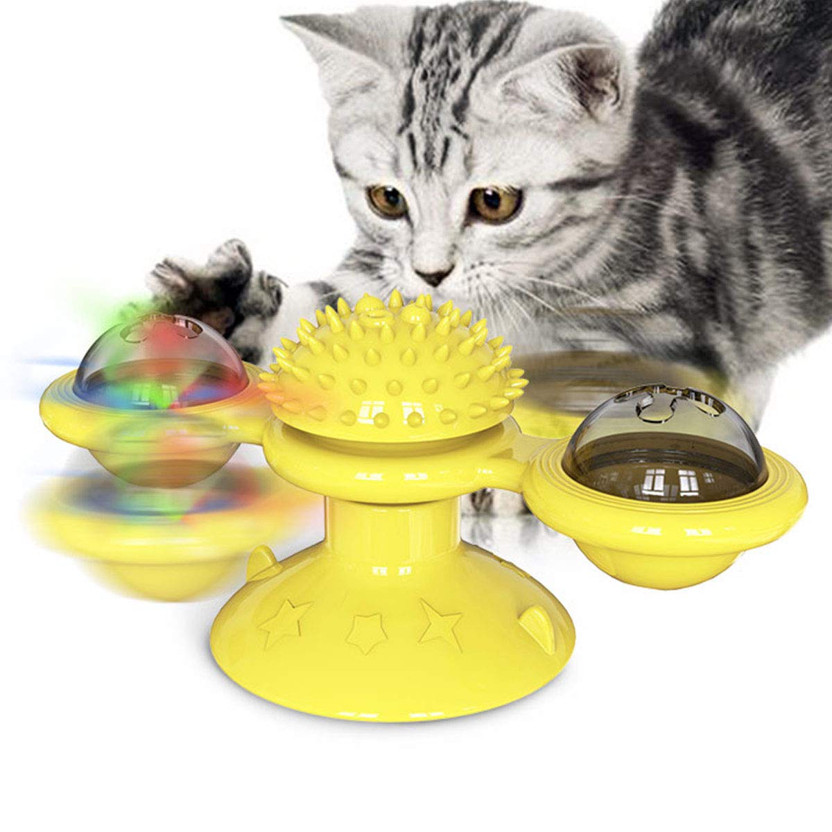 Interactive Cat Toy with Windmill & Turntable - Teaser, Scratching Post, Hair Brush & Teeth Cleaner for Playful Cats - Perfect for Indoor Play, Grooming & Dental Health