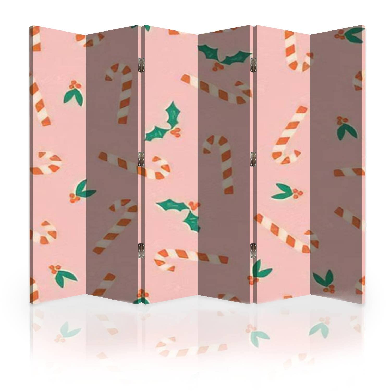6-Panel Canvas Room Divider Screen - Christmas Candy Cane & Mistletoe Print on Pink Background | Folding Privacy Partition for Bedroom, Office & Living Room