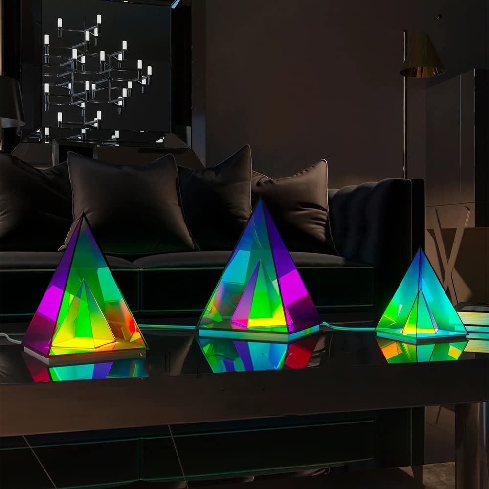 Modern Pyramid Table Lamp - Simplistic & Innovative LED Desk Light with Colorful Transparent 3D Acrylic Design, Warm Decorative Night Light for Bedroom, Living Room, Office (Small Size)