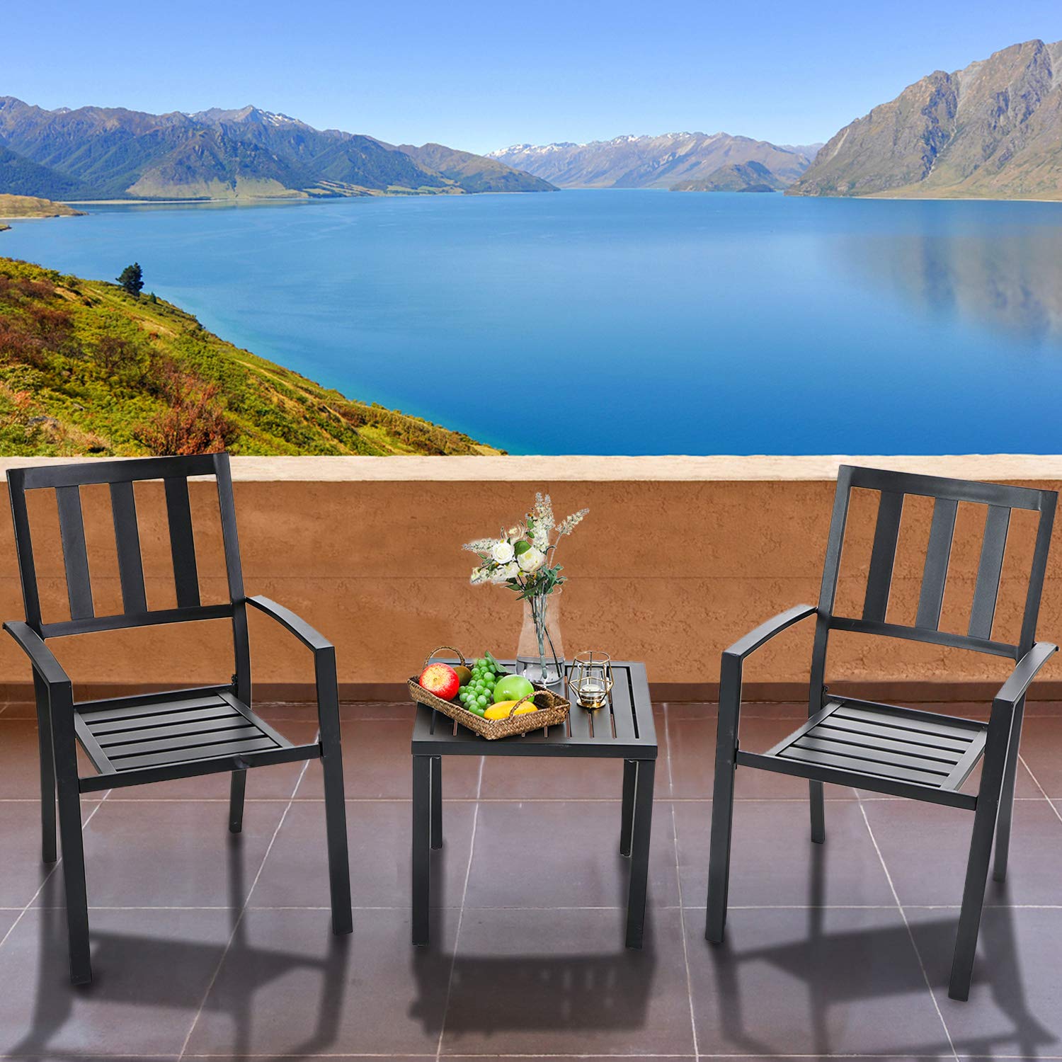 MFSTUDIO 3-Piece Black Wrought Iron Patio Bistro Set - Outdoor Dining Furniture with 2 Metal Chairs & Coffee Table for Yard, Garden, Balcony or Poolside Relaxation