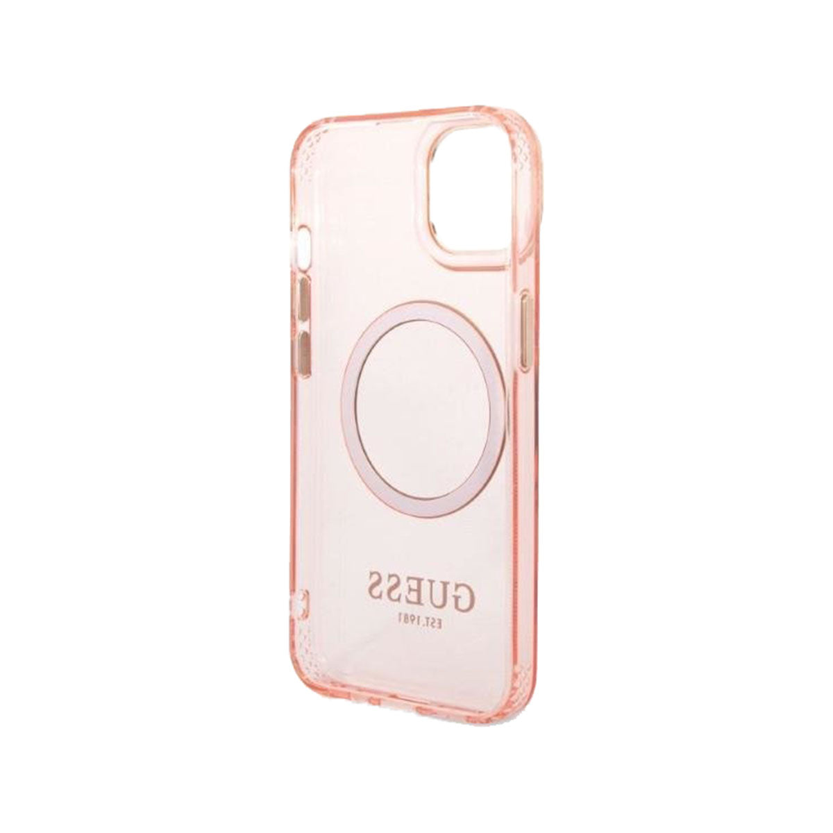 GUESS Ring Edition Shockproof Phone Case for iPhone 14 - Slim Protective Cover with Grip Ring Stand (Pink/Gold) - Perfect for Work, Travel & Everyday Use