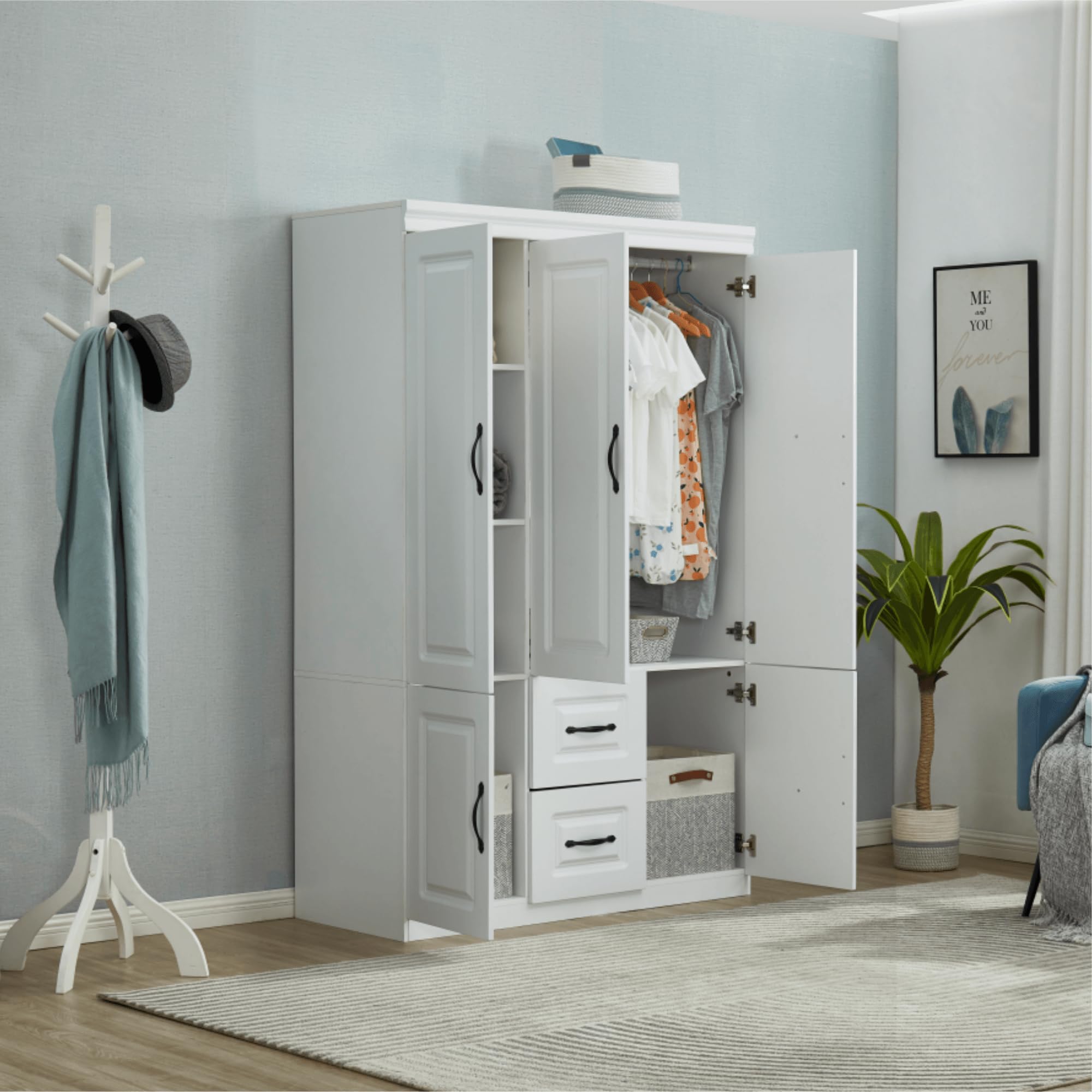 3-Door Wardrobe Closet - Large Freestanding Armoire Cabinet with Hanging Rod & Shelves, White Wooden Bedroom Storage Organizer (47.3