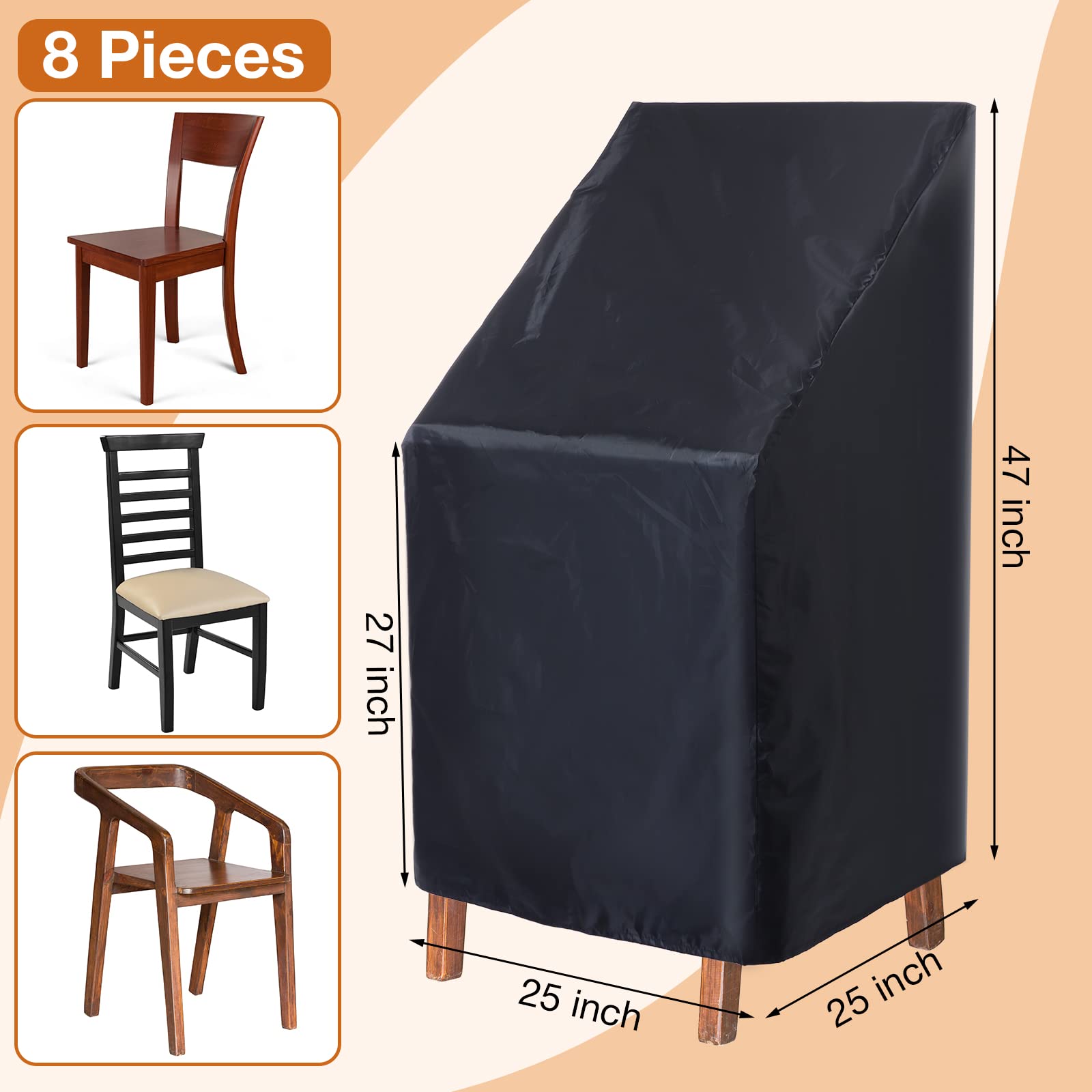 Woanger 8-Pack Black Waterproof Outdoor Chair Covers - 210D Oxford Fabric High Back Patio Furniture Protectors (25x25x47 Inch) with Storage Bag - Perfect for Stacking Chairs, Garden, Deck & Poolside Use