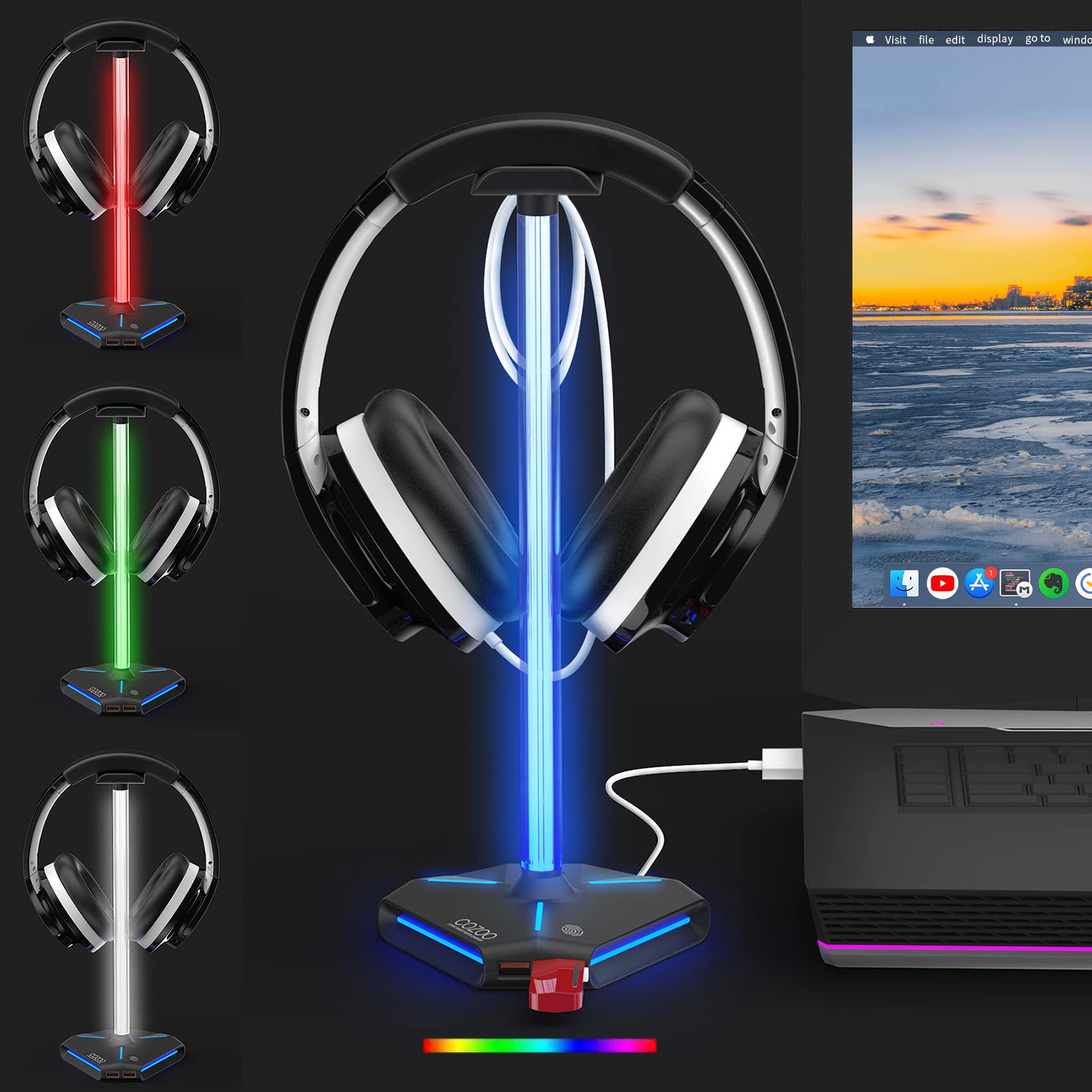 COZOO RGB Gaming Headphone Stand with 2 USB 2.0 Charging Ports & Extension Cord - Premium Headset Holder for PC, Desktop, Gaming Setup - Perfect Gaming Accessories & Gifts for Gamers & Boyfriends - Ideal for Streaming, Esports & Home Office Use