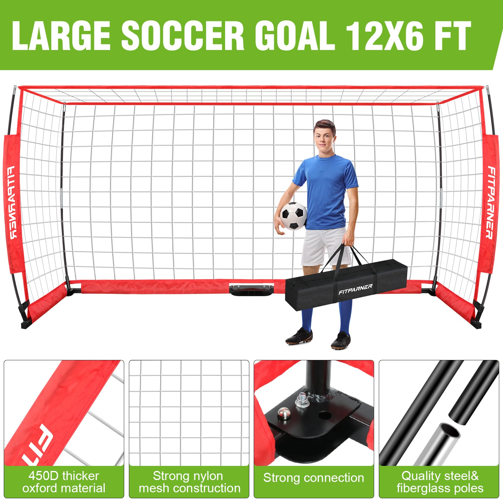 8x6ft & 12x6ft Portable Soccer Goals for Backyard Training - Collapsible Metal Frame with Net, Includes 1 Goal + Soccer Ball + 6 Cones + Ball Pump + Carry Bag - Perfect for Youth Practice, Backyard Games & Team Drills