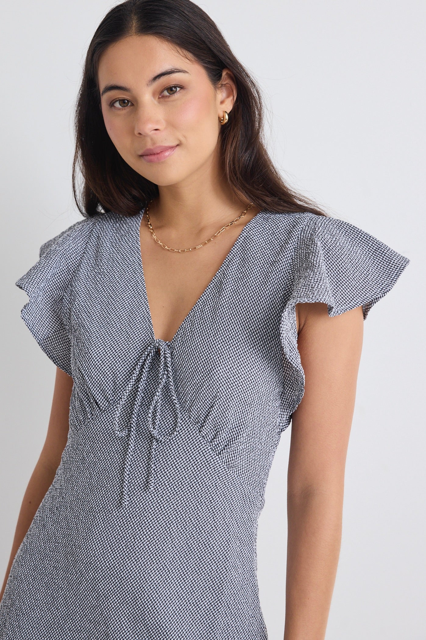 Ovation Black Ditsy Gingham Flutter Short Sleeve Keyhole Tie Midi Dress - Perfect for Summer Outings, Garden Parties & Casual Date Nights