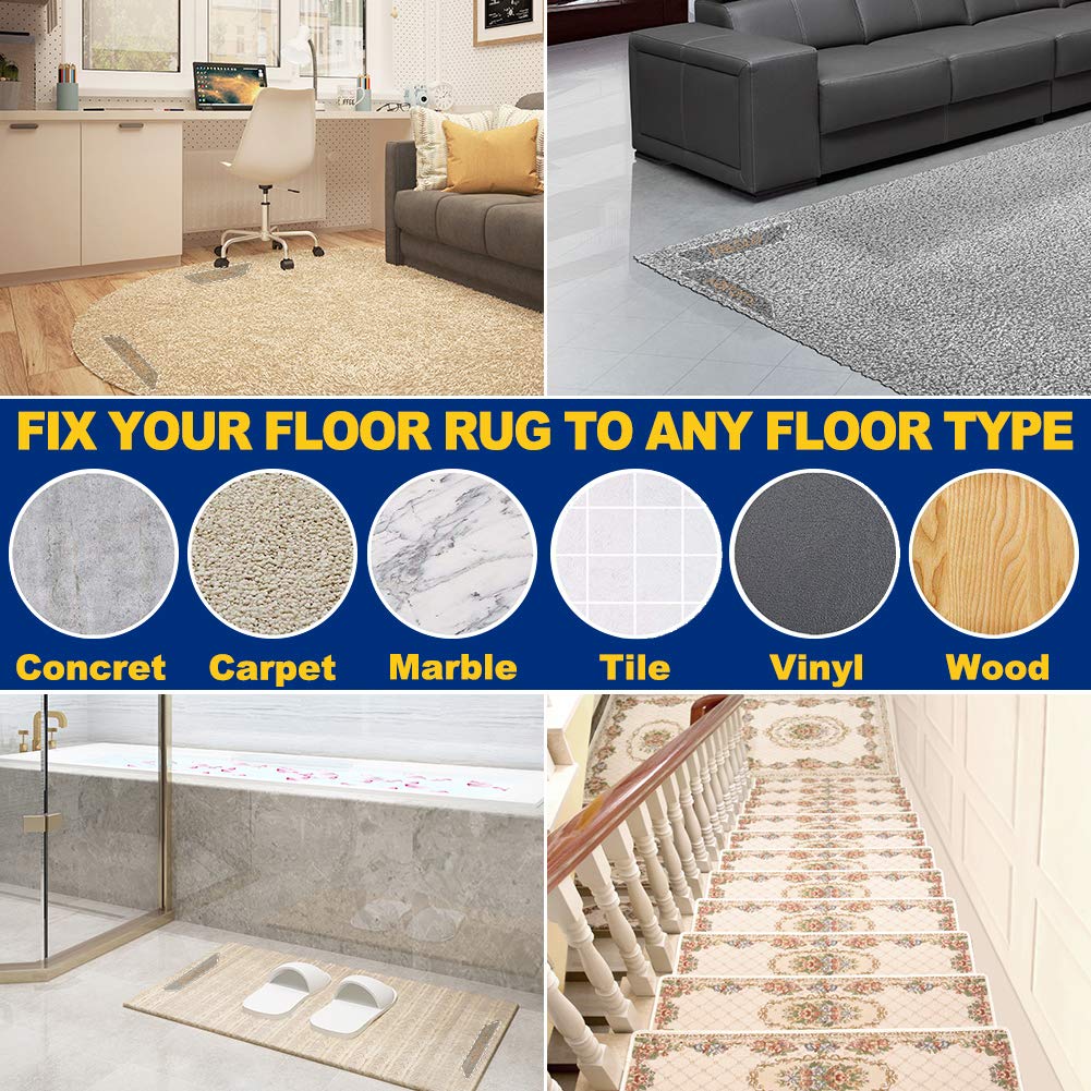 10-Pack Non-Slip Rug Grippers for Hardwood Floors | Anti-Curl Carpet Tape | Reusable Anti-Slip Rug Underlay to Secure Rugs & Flatten Corners | Perfect for Living Room, Bedroom & Office Floor Protection