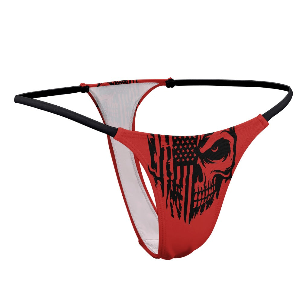 American Flag Skull Print Thin Thong - Sexy Patriotic Underwear for Women, Perfect for 4th of July, Halloween, and Biker Events