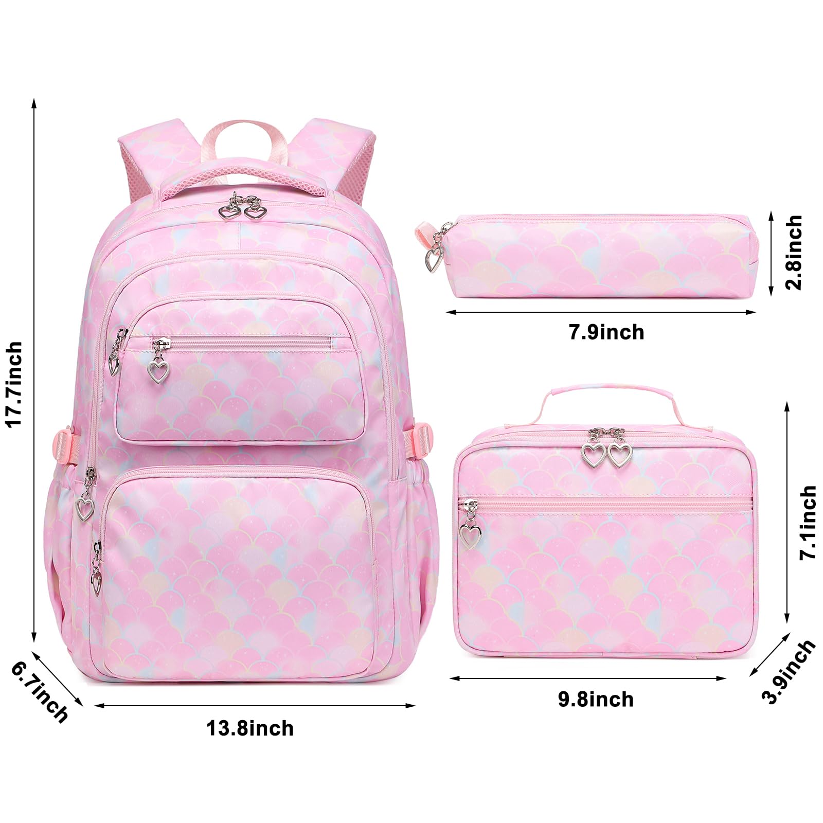 Joyfulife Mermaid Backpack for Girls - 3 in 1 School Backpack Set with Lunch Box, Cute Elementary Bookbag for Primary & Middle School Teens - Perfect for School, Travel & Daily Use