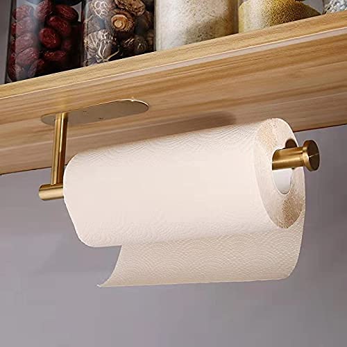 Stainless Steel Under Cabinet Paper Towel Holder - Wall Mount Kitchen & Bathroom Towel Rack for Jumbo Rolls - Self Adhesive Farmhouse Accessories (Gold, SUS 304) - Perfect for Kitchen, Bathroom & RV Organization