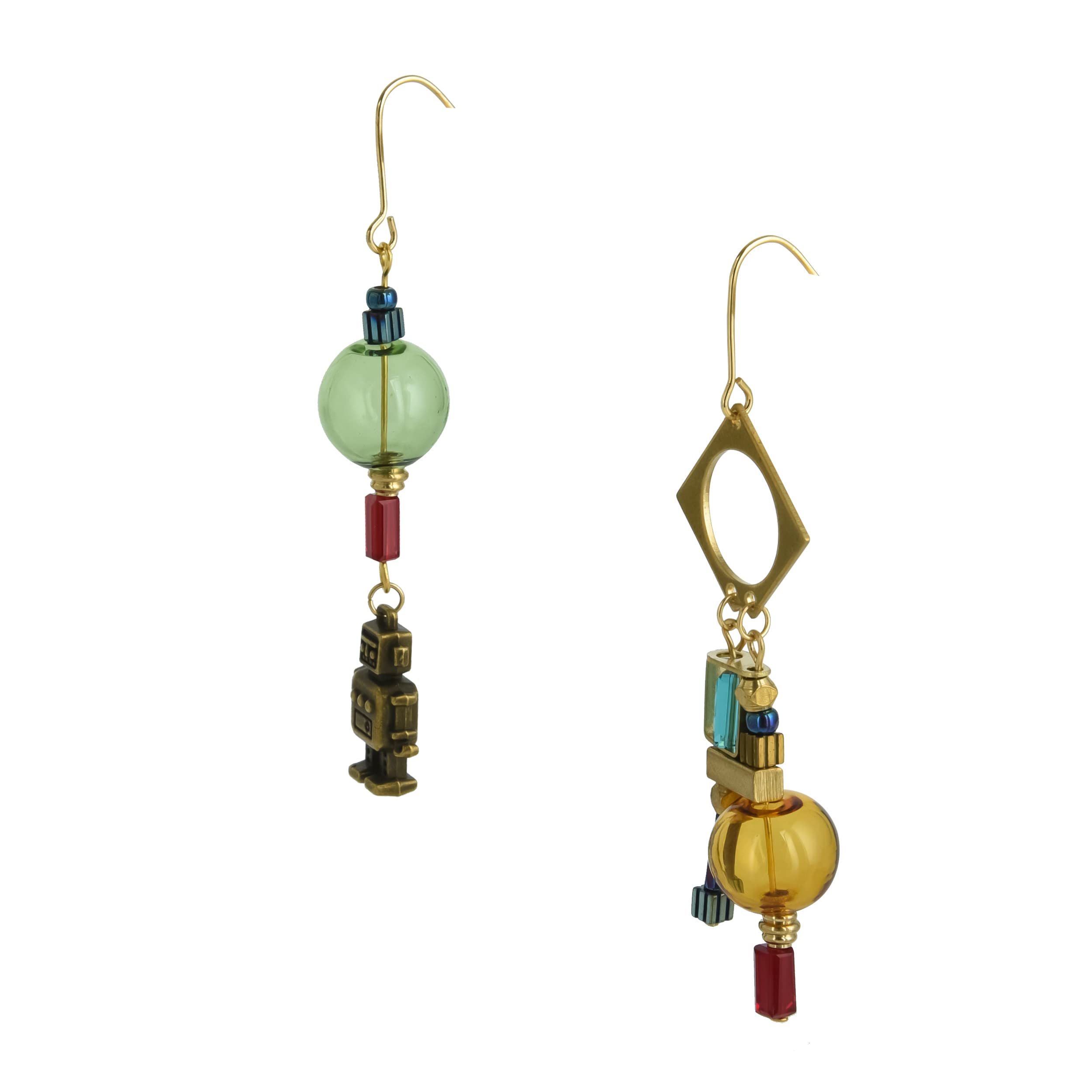 Steampunk Earrings for Women - Industrial Robot Mismatched Dangle Earrings with Yellow Glass Balls | Vintage Gothic Jewelry for Cosplay, Halloween & Alternative Fashion