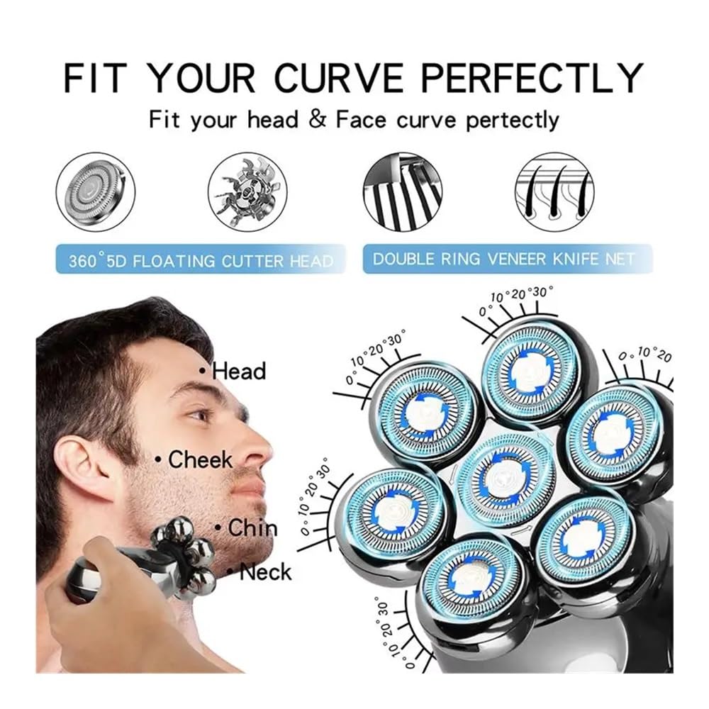 Men's Electric Shaver - Rechargeable Cordless Razor with 7 Floating Heads, Nose Hair Trimmer & Facial Cleansing Brush | Full Head Shaving Kit for Smooth Shave at Home, Travel & Gym