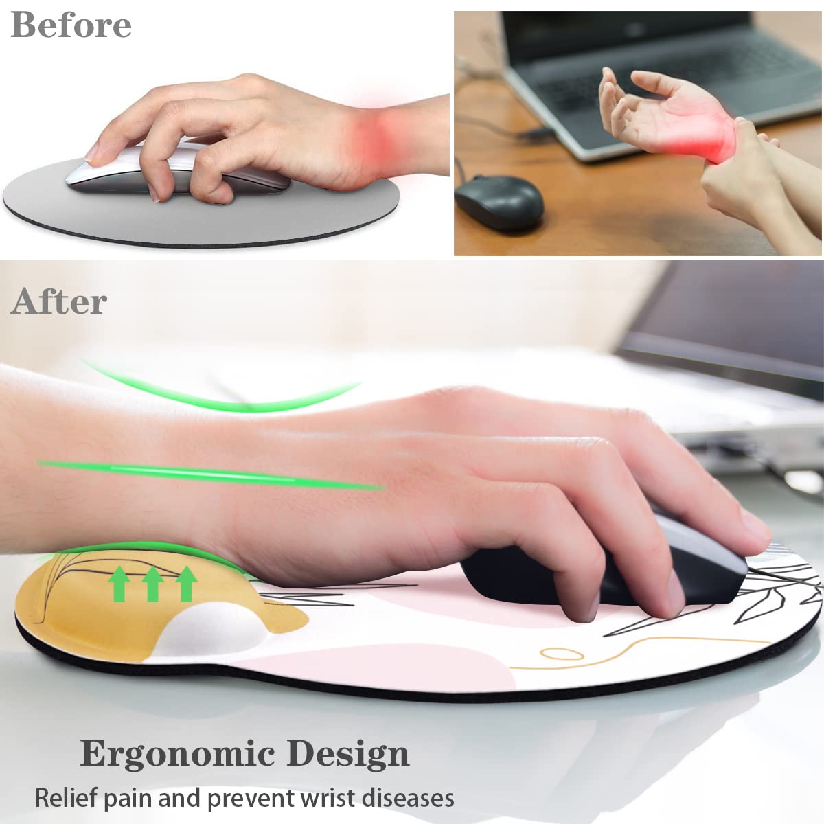 Ergonomic Mouse Pad with Wrist Support - Comfortable Office & Gaming Mousepad for Laptop/PC - Non-Slip Rubber Base, Pain Relief Design, 9