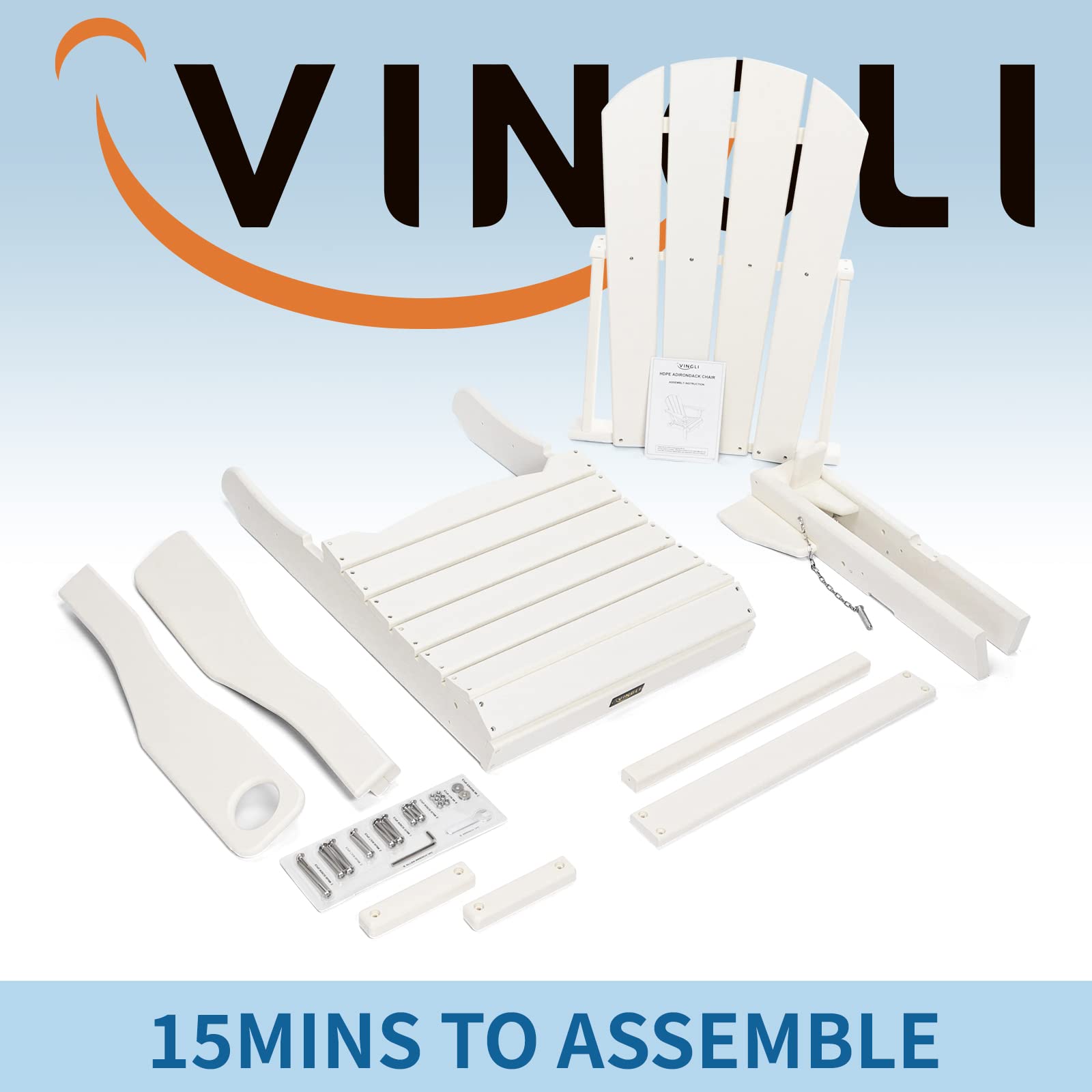 VINGLI 2-Piece Plastic Adirondack Chair Set with Folding Table - Outdoor Patio Furniture with Cup Holders, Waterproof HDPE Material, 380lb Weight Capacity - Perfect for Poolside, Garden, Backyard, and Firepit Relaxation (White)