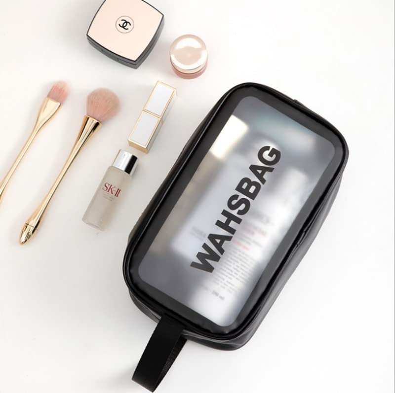 **Waterproof PVC Travel Toiletries Bag - Clear Cosmetic Makeup Organizer Pouch for Women | Portable Wash Bag for Shampoo, Lotion & Essentials | Perfect for Air Travel, Gym & Camping (Black)**