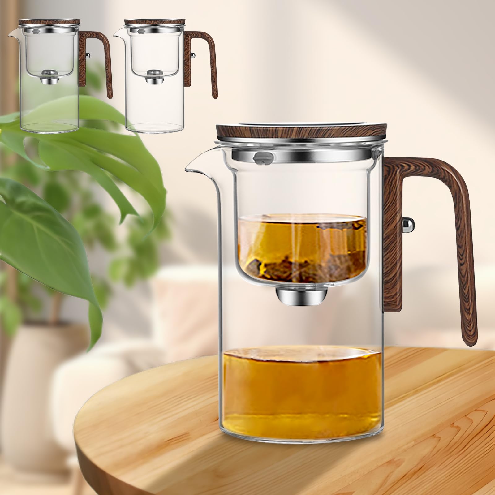 Enchanti Glass Teapot with Wooden Handle - Water Separation Design & Press Control Magic Tea Maker - Perfect for Loose Leaf Tea, Herbal Infusions & Home Tea Ceremonies
