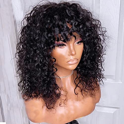 200% Density Kinky Curly Human Hair Wig with Bangs - 24 Inch Brazilian Remy Hair for Women | Machine Made Scalp Top Wig in Natural Color | Perfect for Daily Wear, Cosplay & Special Occasions