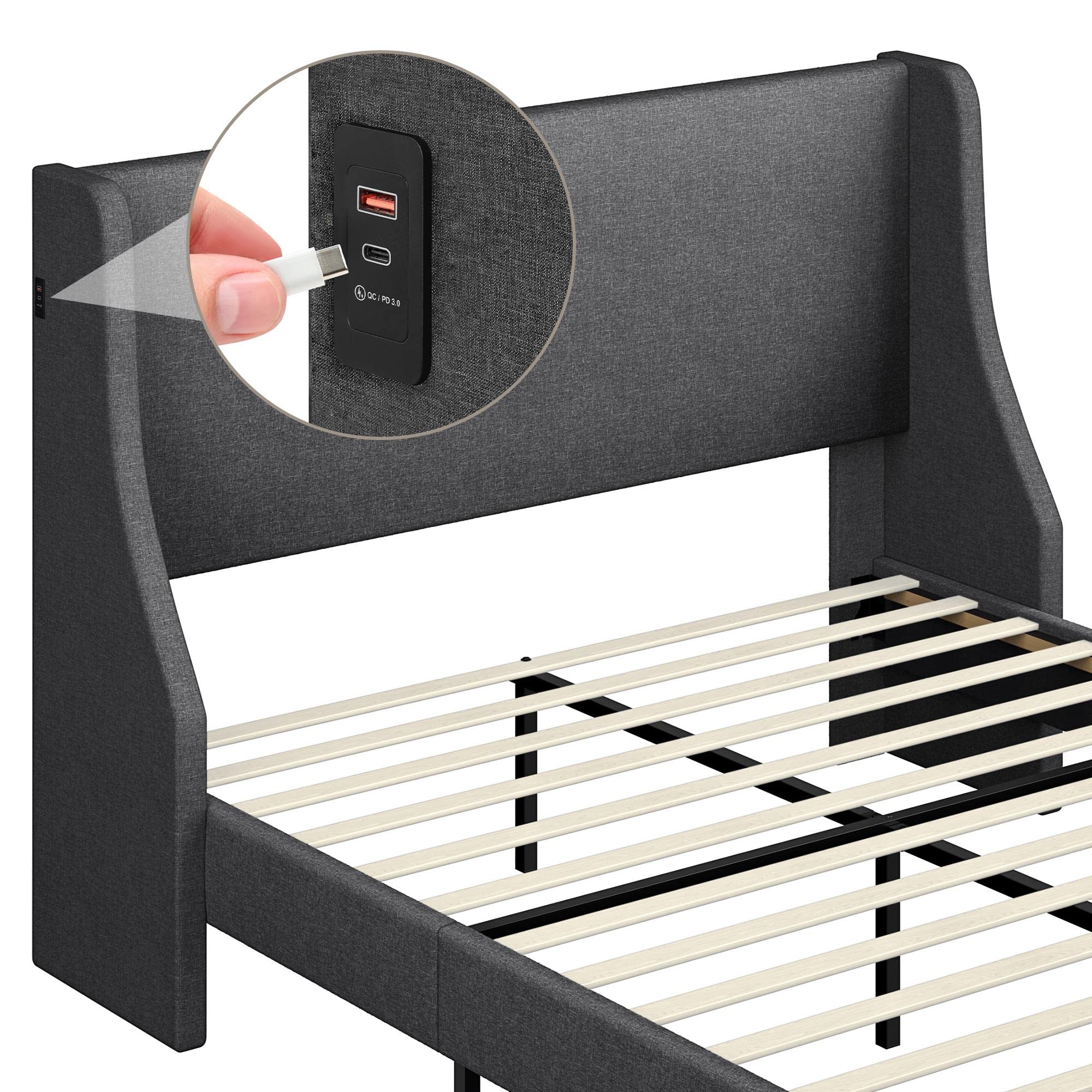 Topeakmart Full Size Upholstered Bed Frame with USB Ports & Headboard - Easy Assembly for Modern Bedrooms