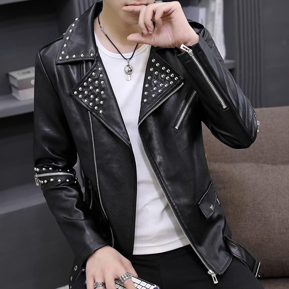ADMAIROIM Men's Faux Leather Jacket with Rivet & Zipper Details - Stylish Streetwear Biker Jacket for Casual Outings & Nightlife