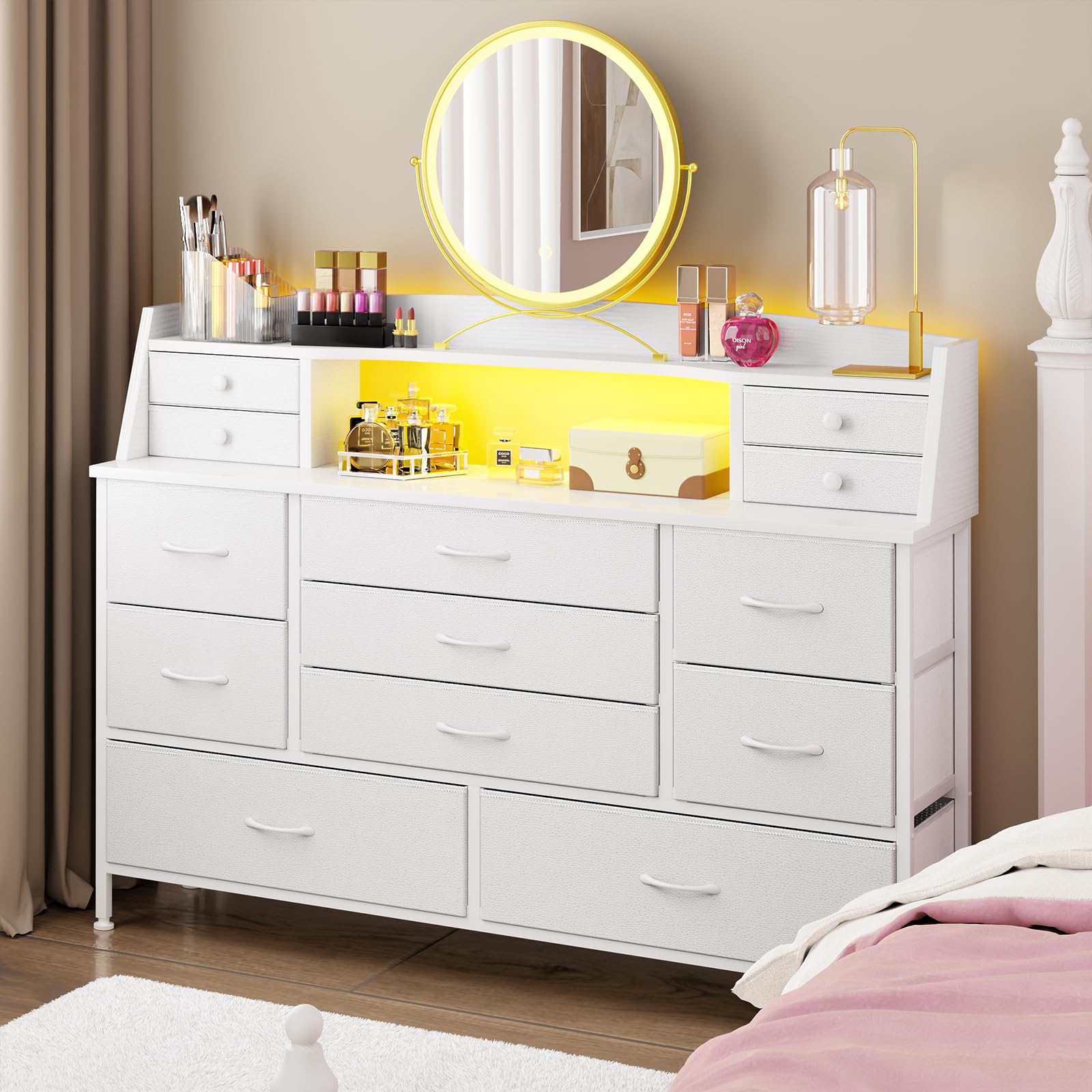 White 13-Drawer Fabric Dresser with PU Finish - Versatile Storage for Bedroom, Nursery, Living Room, Closet & Hallway | Perfect for Kids, Girls & Adults | Space-Saving Organizer for Clothes, Toys & Home Essentials