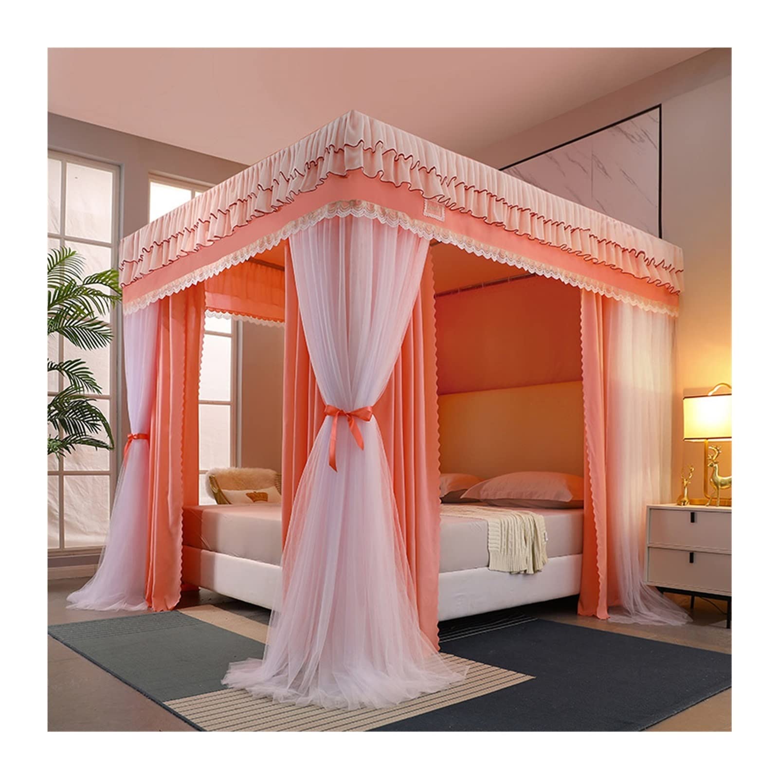 AmBAYZ Girls Bed Canopy Net - 4 Corner Luxury Bed Curtain with Double Rod Support, 150x200x200cm Blackout Canopy for Bedroom Decor (Orange) - Perfect for Princess Themed Rooms, Sleepovers & Nursery Decorations