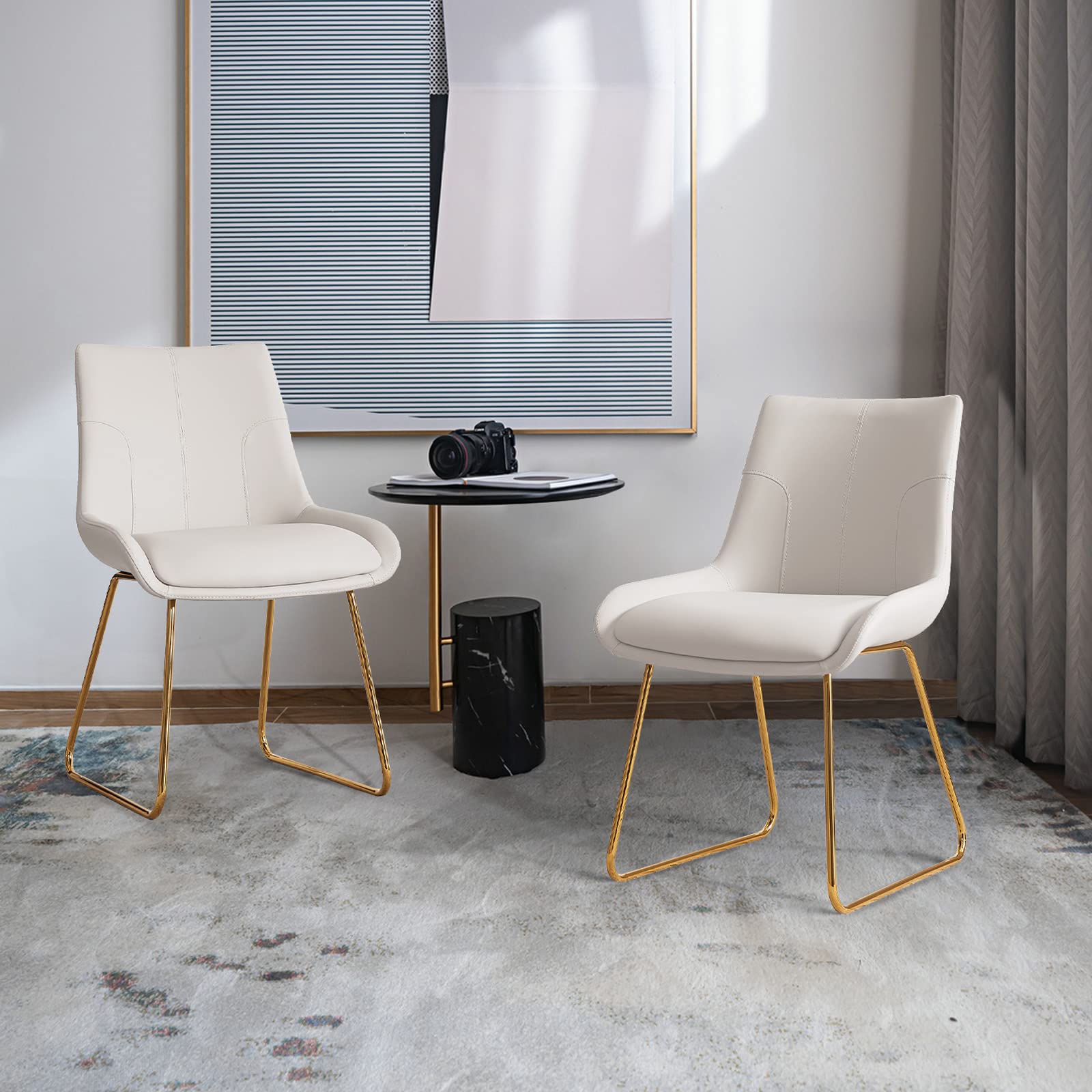 Mid Century Modern Dining Chair Set of 4 - Faux Leather Upholstered Kitchen Side Chairs with Gold Metal Legs | Comfortable Seating for Dining Room, Kitchen, Breakfast Nook & Small Spaces