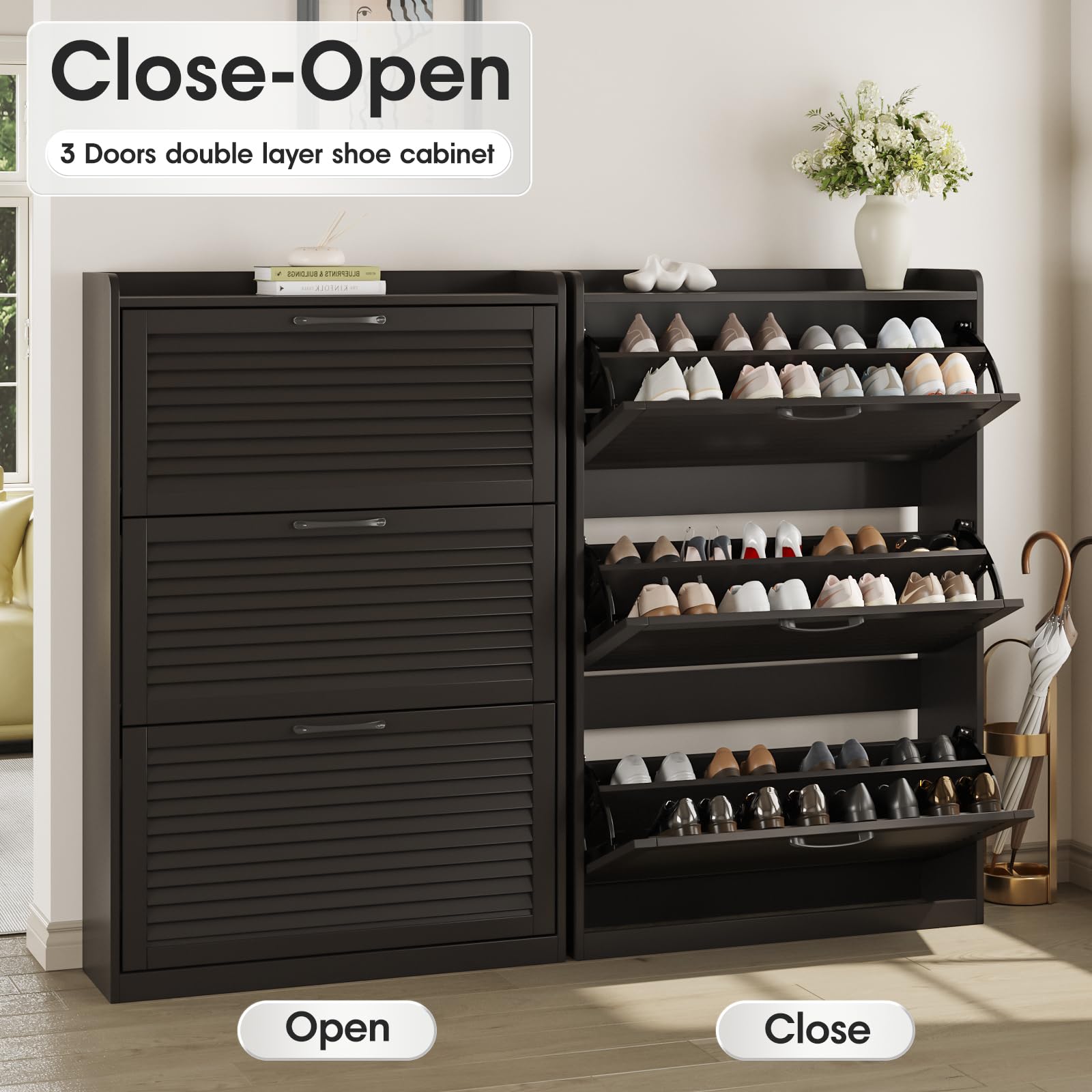 Maupvit 3-Door Flip Louvered Shoe Storage Cabinet - Freestanding Entryway Organizer with Metal Hinges, Narrow Shoe Rack for Hallway, Living Room & Bedroom - Espresso Finish