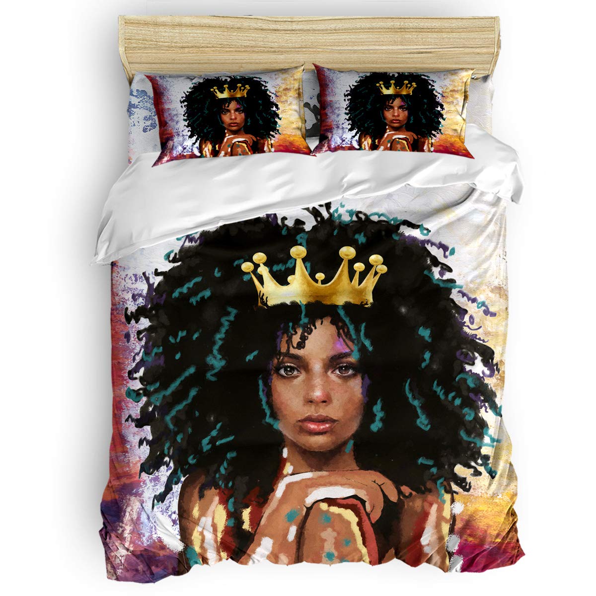 Luxury 4-Piece Queen Size Bedding Set - Black Girl with Crown Oil Painting Duvet Cover, Comforter, Quilt & Pillow Shams for Kids, Teens & Adults | Vibrant Hand-Painted Afro Art Design | Perfect for Dorm Rooms, Master Bedrooms & Gift Giving