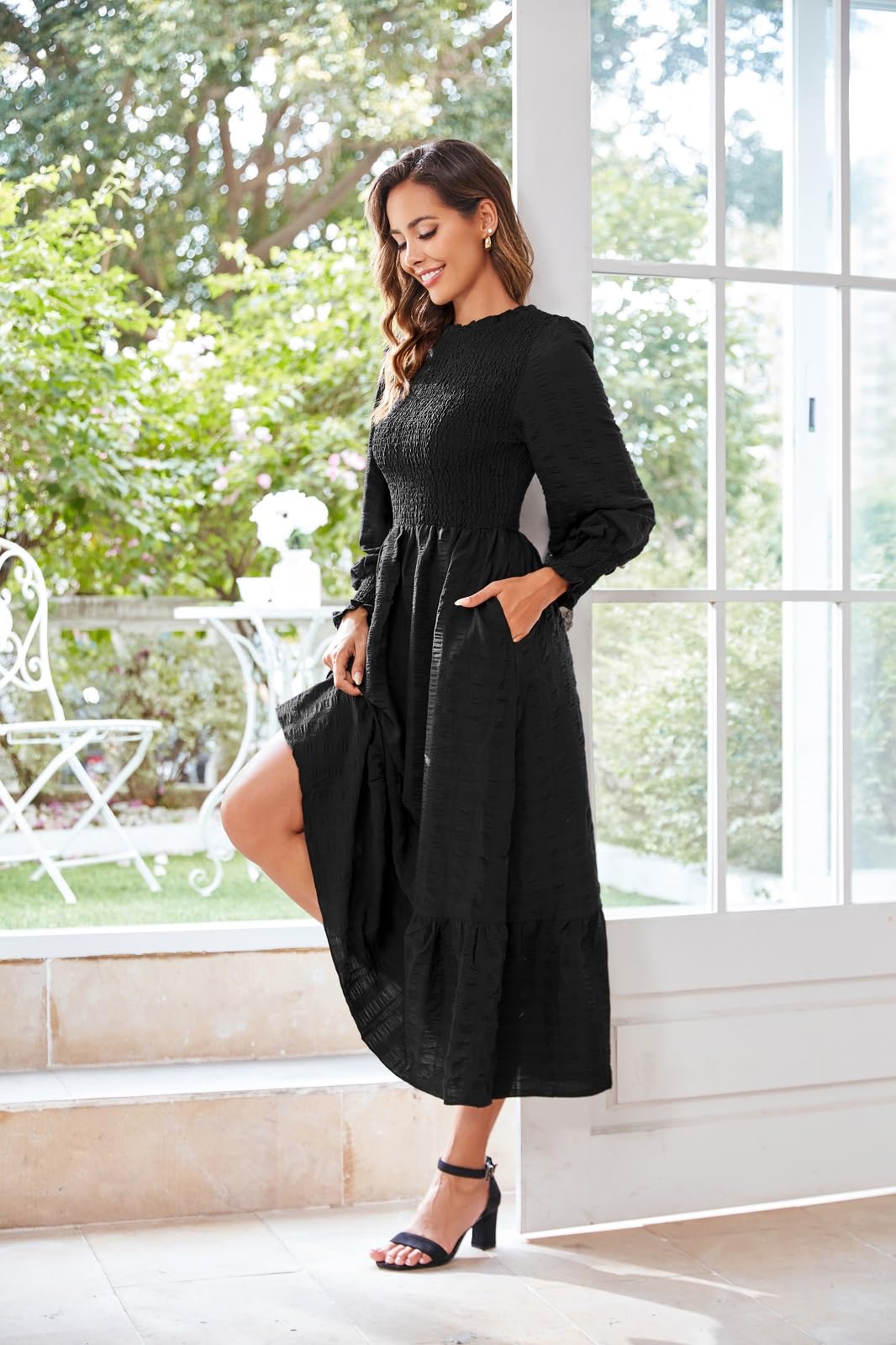 **Women's 2025 Spring & Fall Midi Dress - Casual Long Sleeve Crew Neck Smocked Tiered Flowy Dress with Pockets - Perfect for Work, Date Night & Outdoor Events**