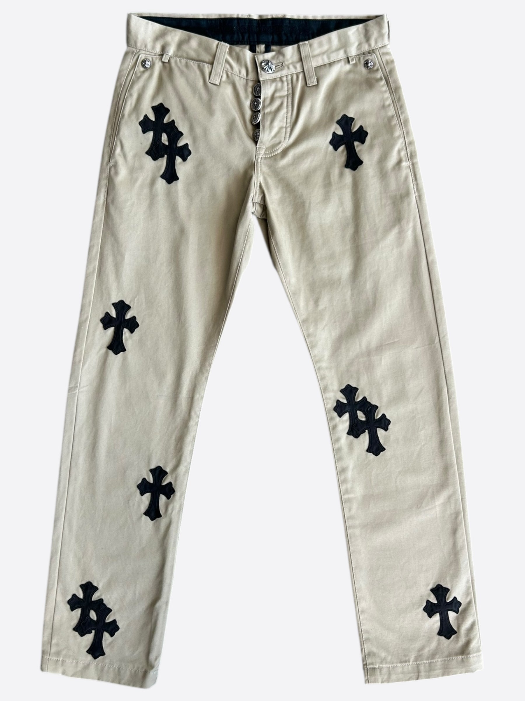 Chrome Hearts Beige Black Cross Patch Chinos Pants - Stylish Gothic Streetwear for Men | Perfect for Casual Outfits, Concerts, and Night Out