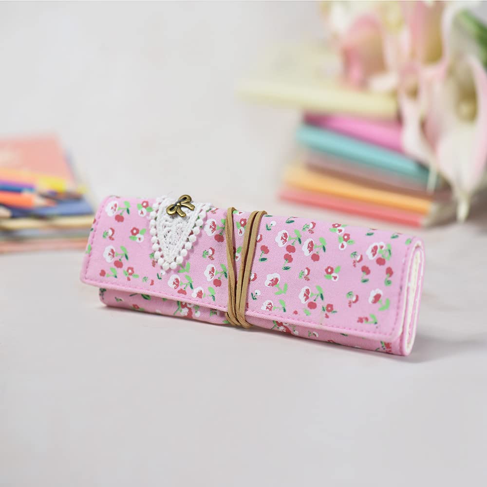 Flower Print Canvas Roll-Up Makeup Brush & Pencil Pouch - Portable Cosmetic Organizer for Girls, Students - Perfect for Travel, School & Everyday Use