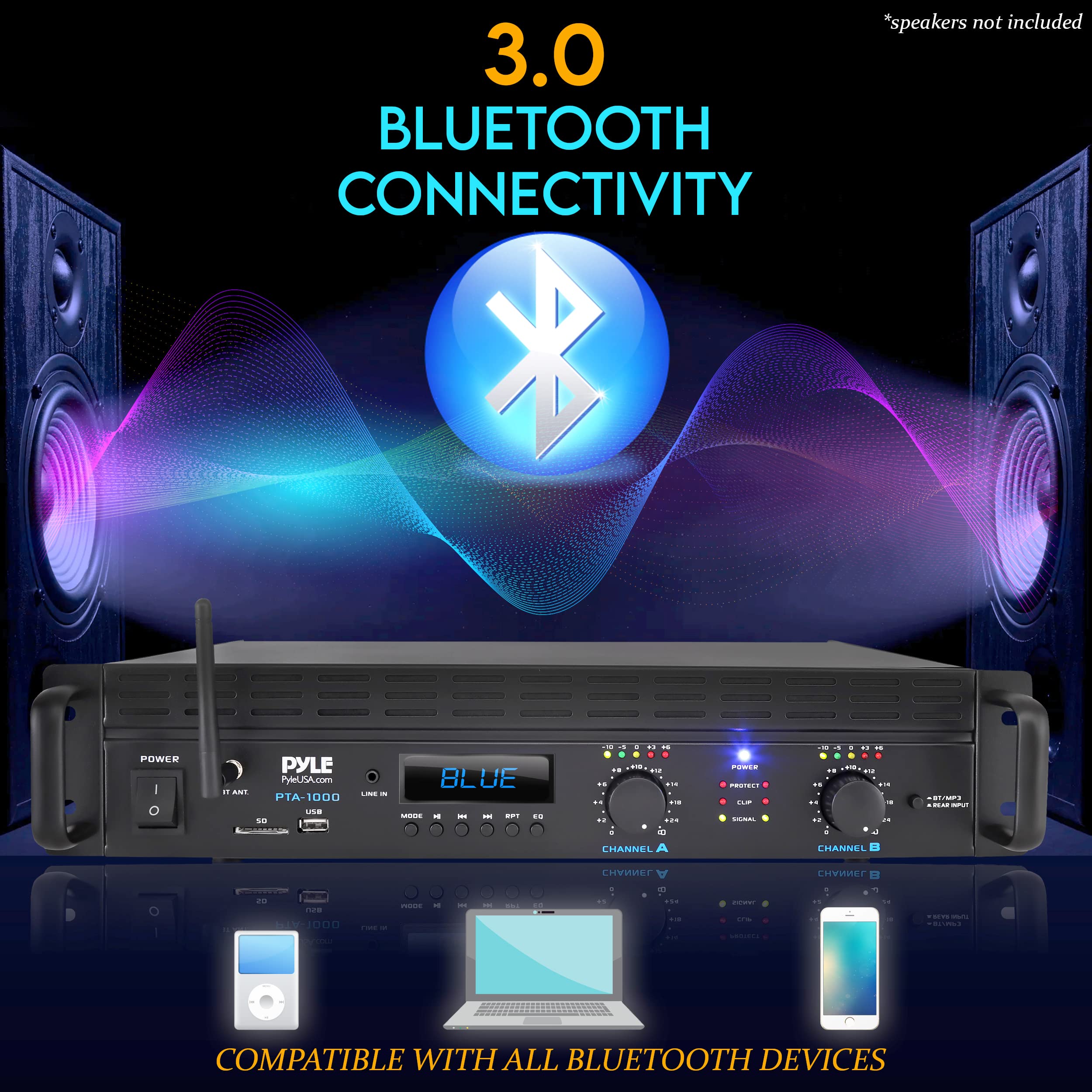 PyleUSA 2-Channel Bluetooth Power Amplifier 2000W - Professional Rack Mount Audio Amplifier with Wireless Stereo Receiver, TRS XLR Inputs, LCD Display, Bridge Mode & Cooling Fan - Perfect for Home Theater, DJ Setup, Live Sound & Entertainment Systems