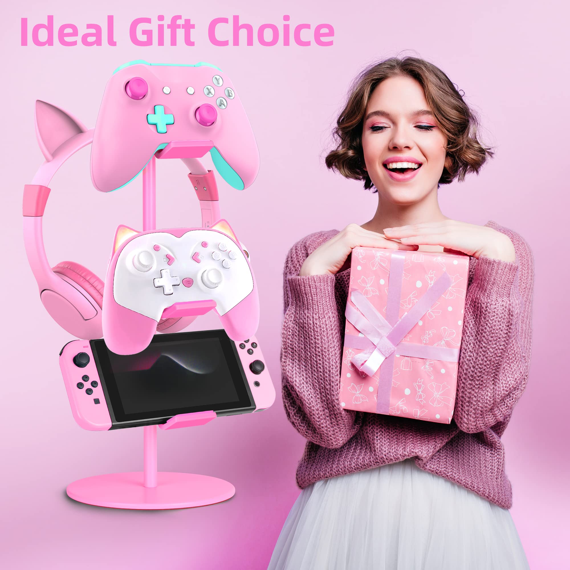 Pink Controller Holder & Headphone Stand - 3-Tier Adjustable Gaming Accessory Organizer for Xbox, PS4, PS5, Nintendo Switch - Perfect for Gaming Setup & Desk Organization (Cute Pink)