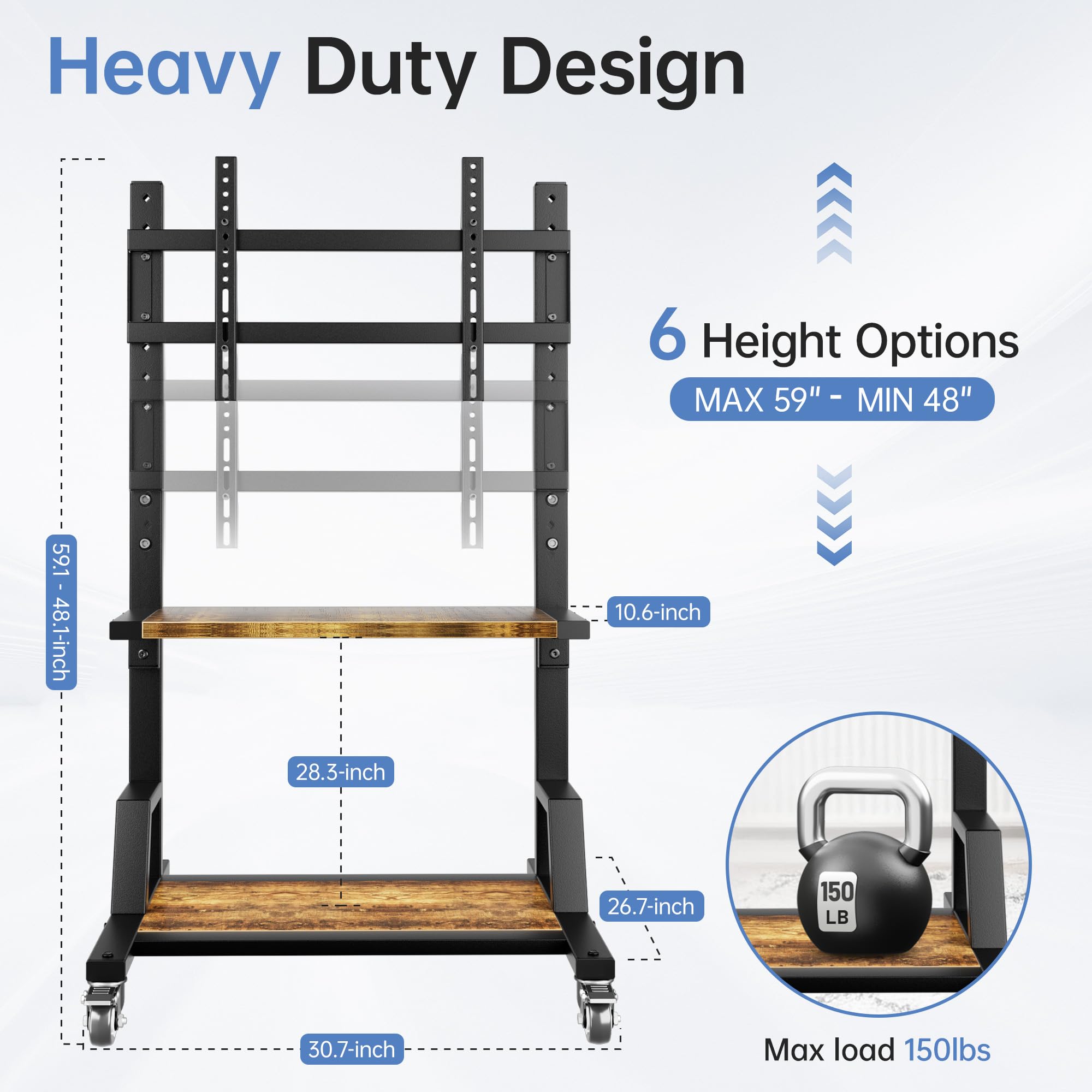 Heavy-Duty Rolling TV Stand with Large Storage - Mobile TV Cart for 32-75 Inch TVs (Max VESA 600x400mm, 150 lbs Capacity) - Adjustable Height TV Stand for Living Room, Bedroom, Office & Outdoor Use - Rustic Brown Finish