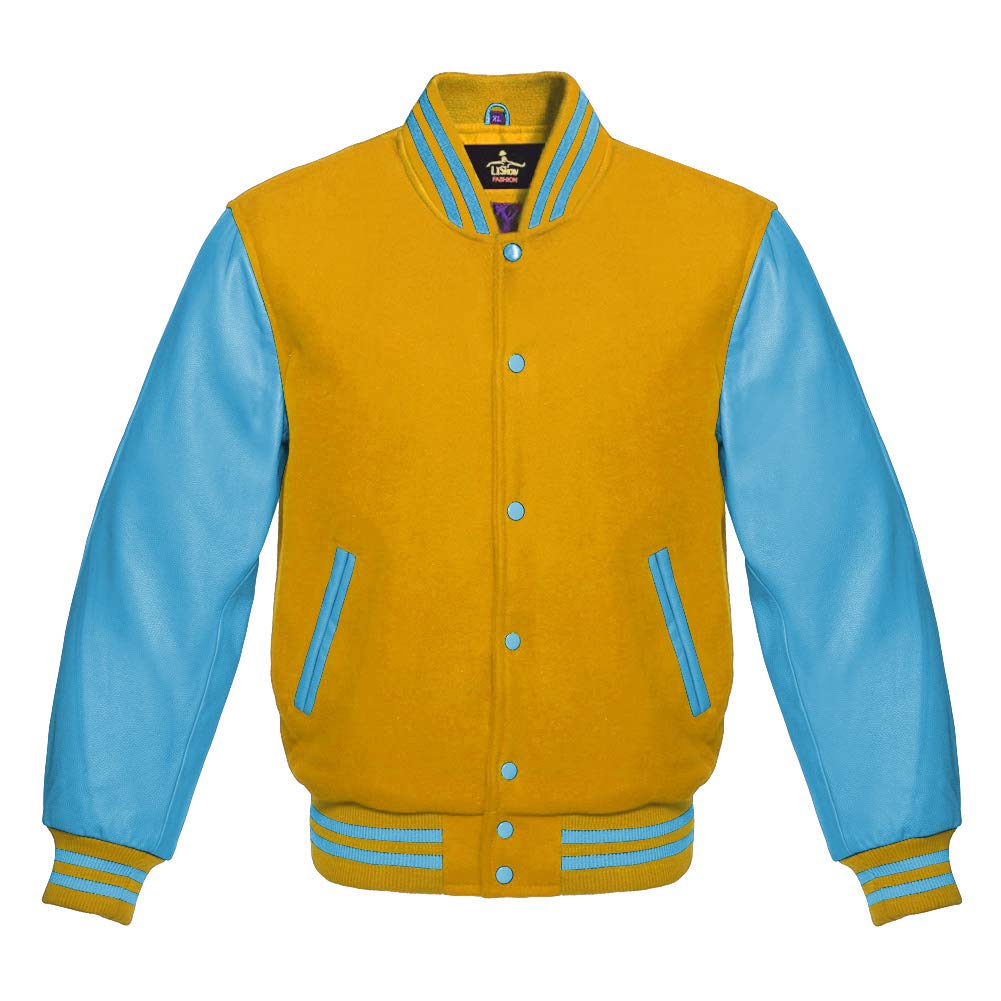 Varsity Jacket for Men - Baseball Letterman Bomber Jacket with Yellow Wool Body & Genuine Sky Blue Leather Sleeves | High School & College Style | Perfect for Sports Events, Casual Wear & Street Fashion