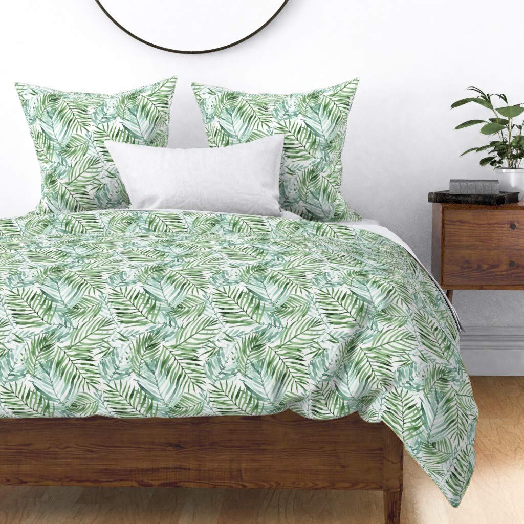 Watercolor Tropical Palm Leaf Green Jungle Exotic Plant Print Cotton Sateen Duvet Cover - King/California King Size | Custom Bedding Set for Boho & Tropical Bedroom Decor