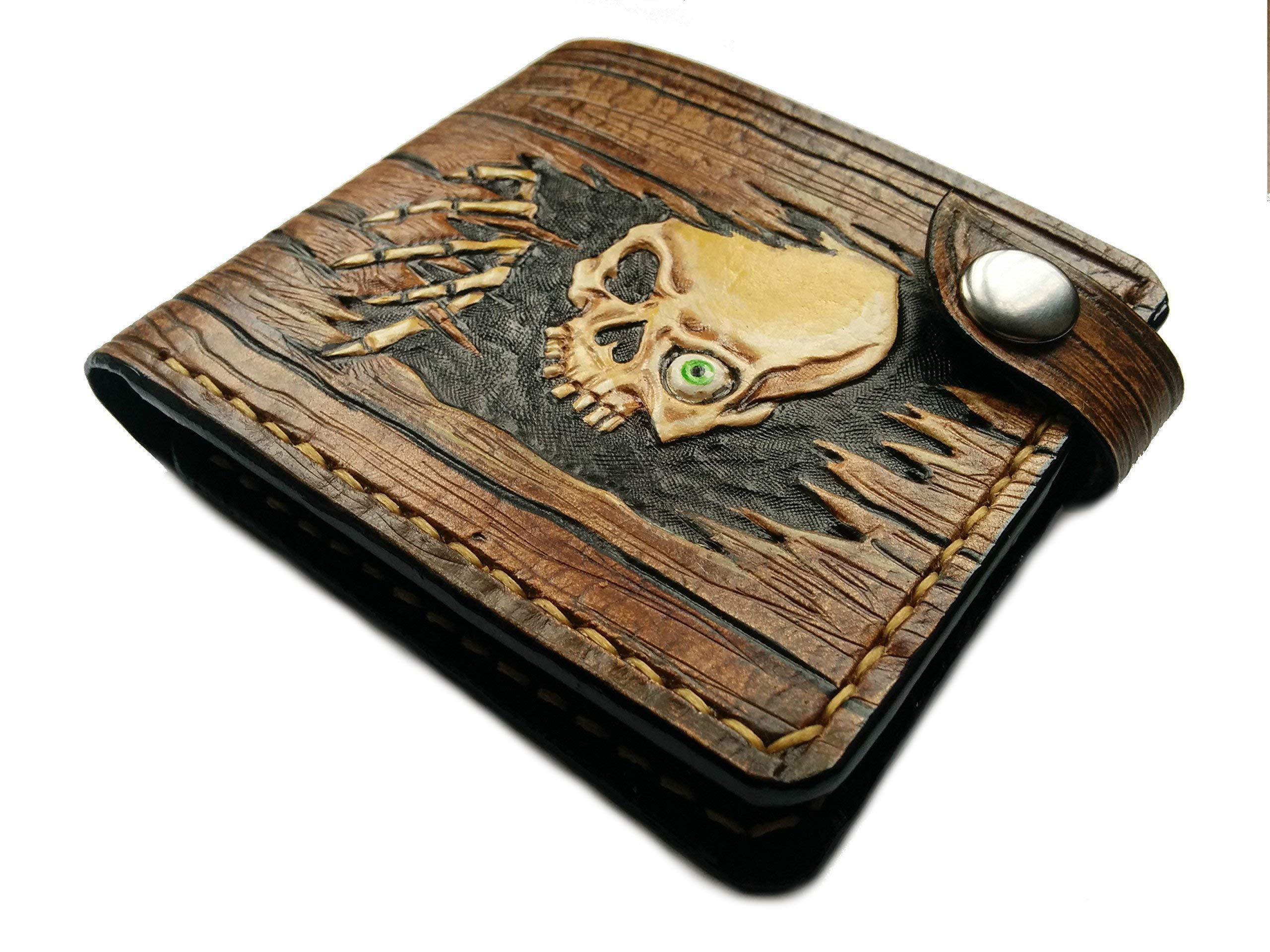 Gothic Skull & Skeleton Design Men's Leather Bifold Wallet - RFID Blocking Genuine Leather Biker Wallet with Wood Effect & Bone Embossing - Handmade Custom Airbrush Art Personalized Wallet for Motorcycle Enthusiasts & Gothic Fashion Lovers