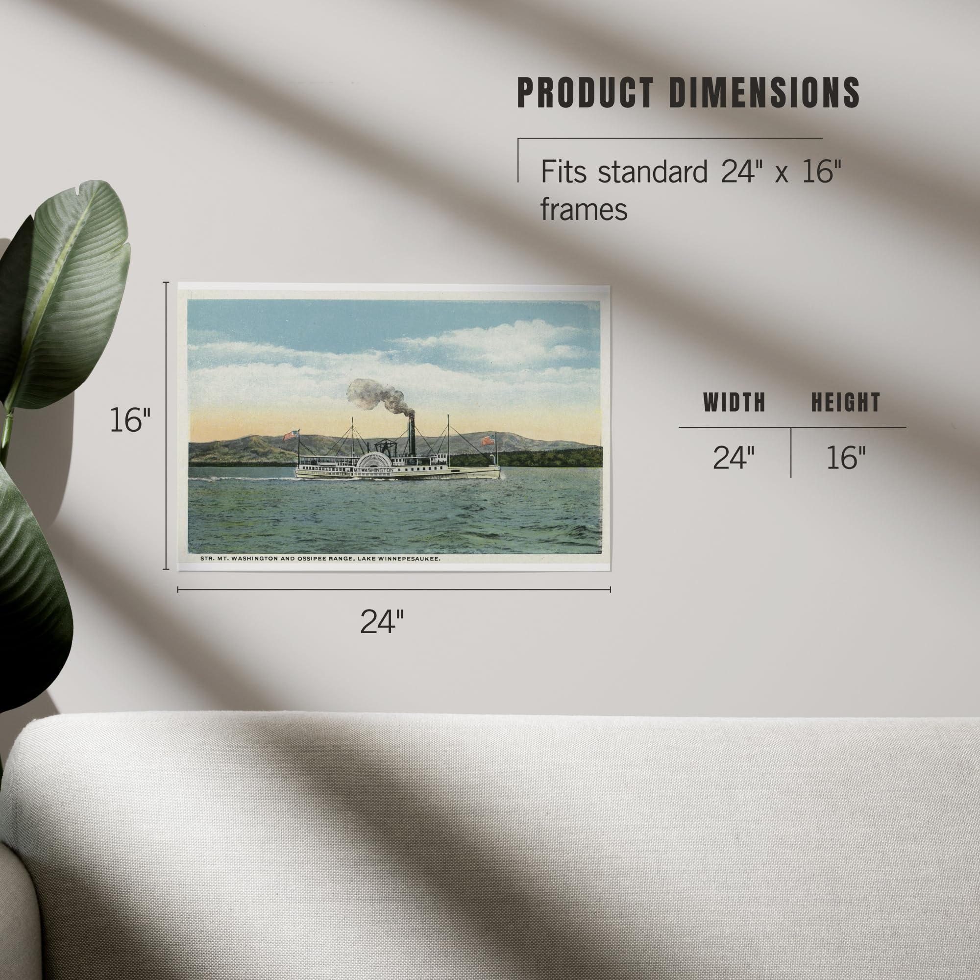 Lantern Press 16x24 Inch Giclee Art Print - Lake Winnipesaukee New Hampshire Landscape with Mt. Washington Steamer & Ossipee Range - Premium Wall Decor for Living Room, Bedroom or Office