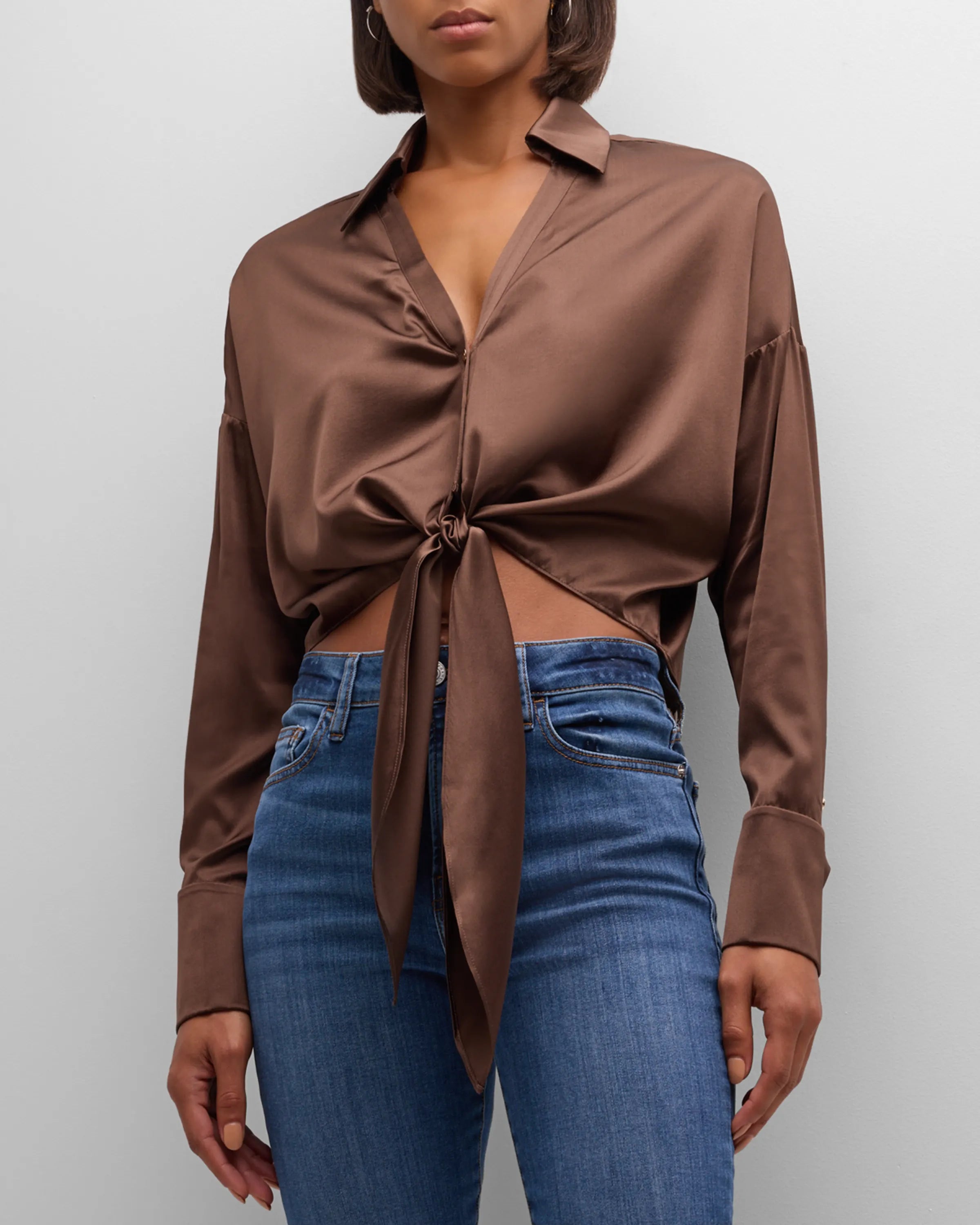 Farrah Silk Tie Front Blouse - Elegant Desert Print Women's Top for Work & Evening Wear