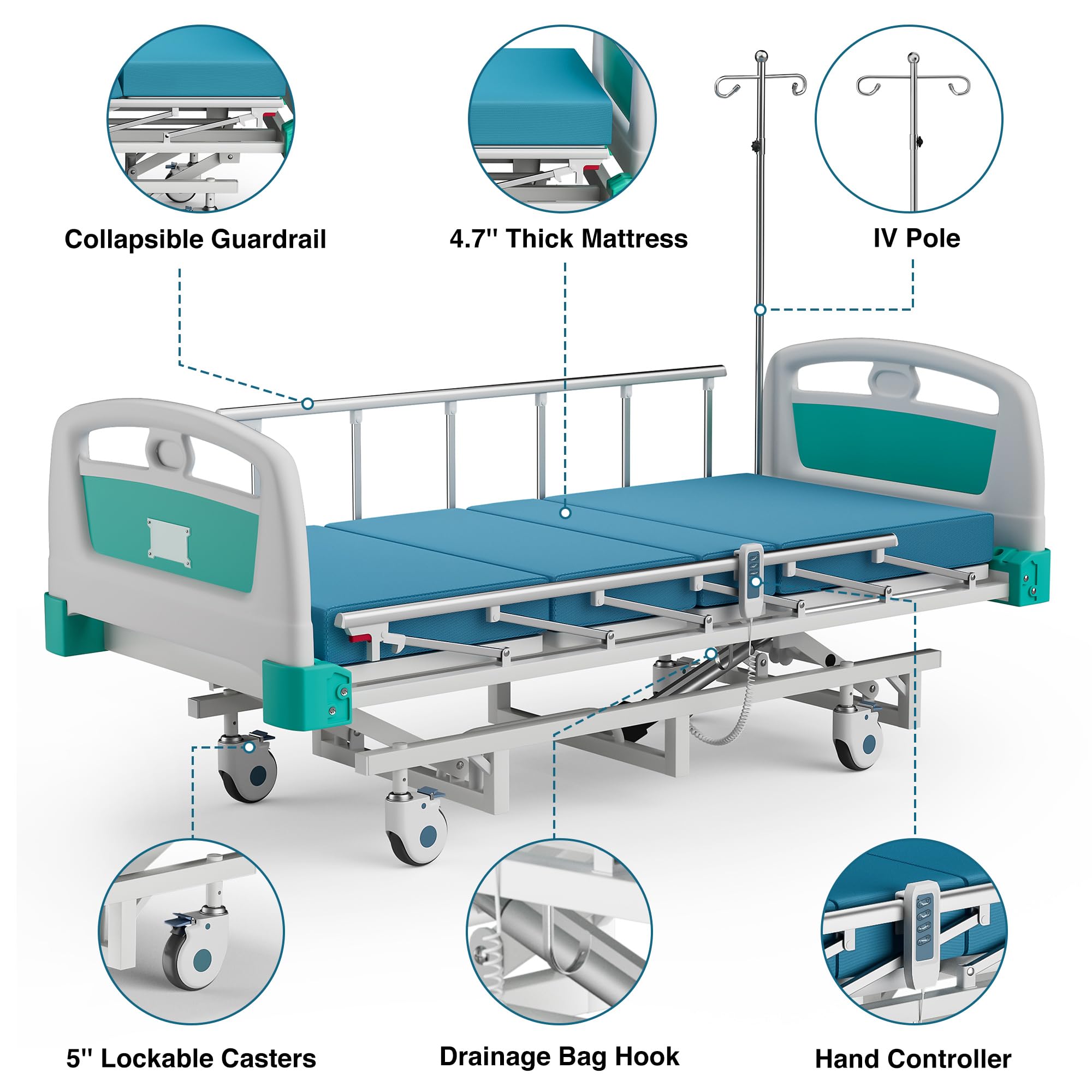 Premium Full Electric Hospital Bed - 3 Function Adjustable Medical Nursing Bed with 4.7