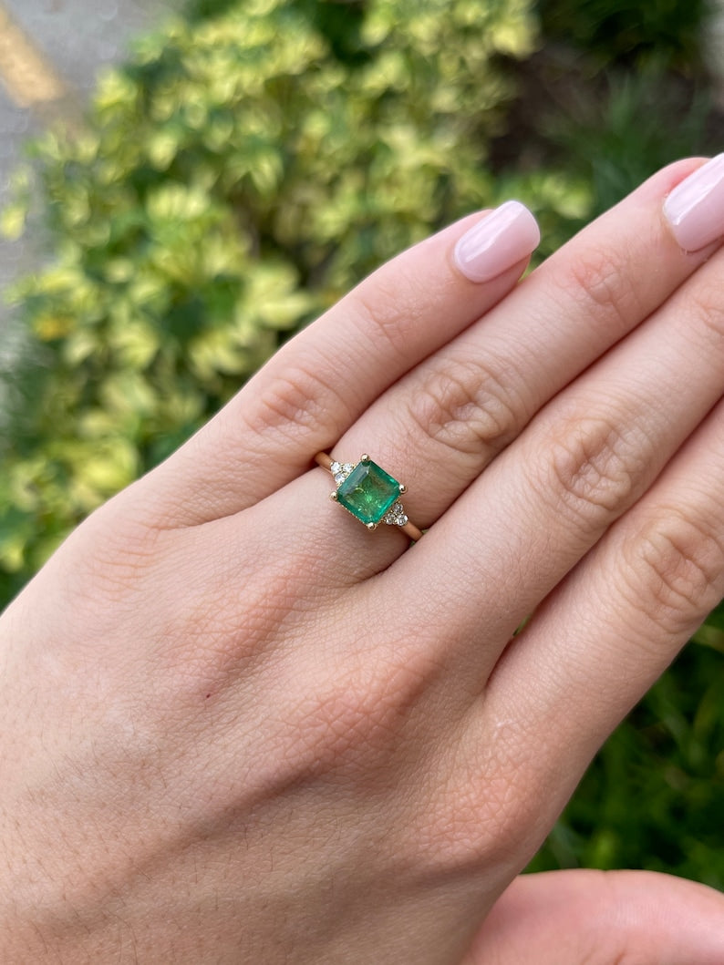1.92tcw 14K Gold Natural Asscher Cut 7x7mm Square Emerald & Diamond Cluster 3 Stone Engagement Ring for Women - Perfect for Proposals, Weddings & Anniversary Gifts