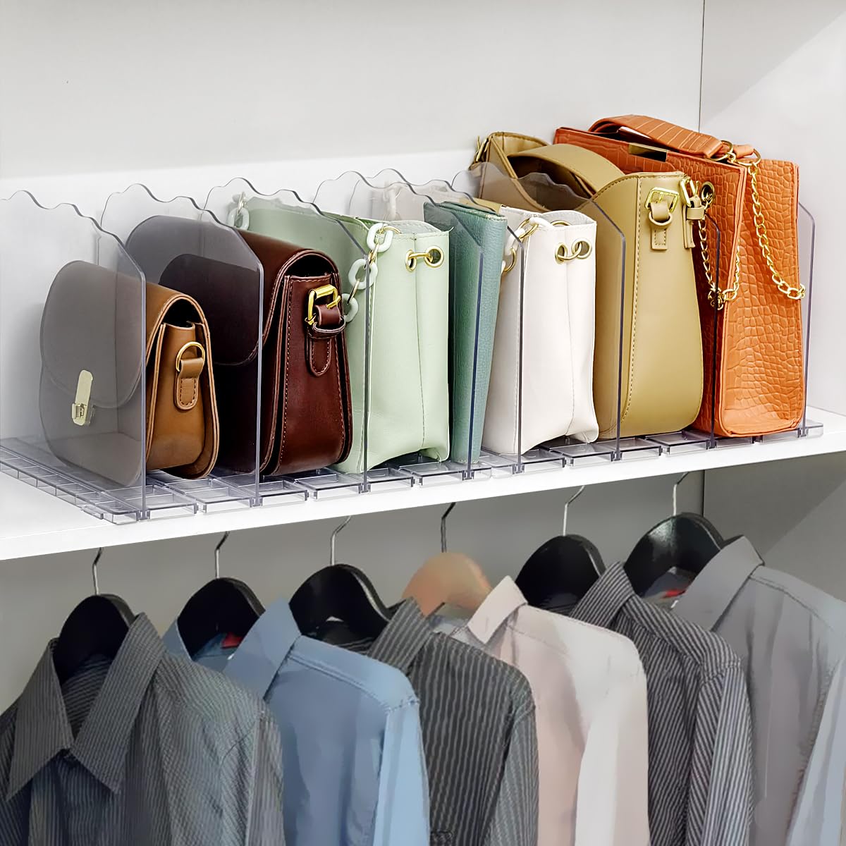 Clear Adjustable 8-Divider Purse Organizer for Closet Shelves - Handbag & Purse Storage Solution for Bedroom, Walk-in Closet, and Dorm Organization