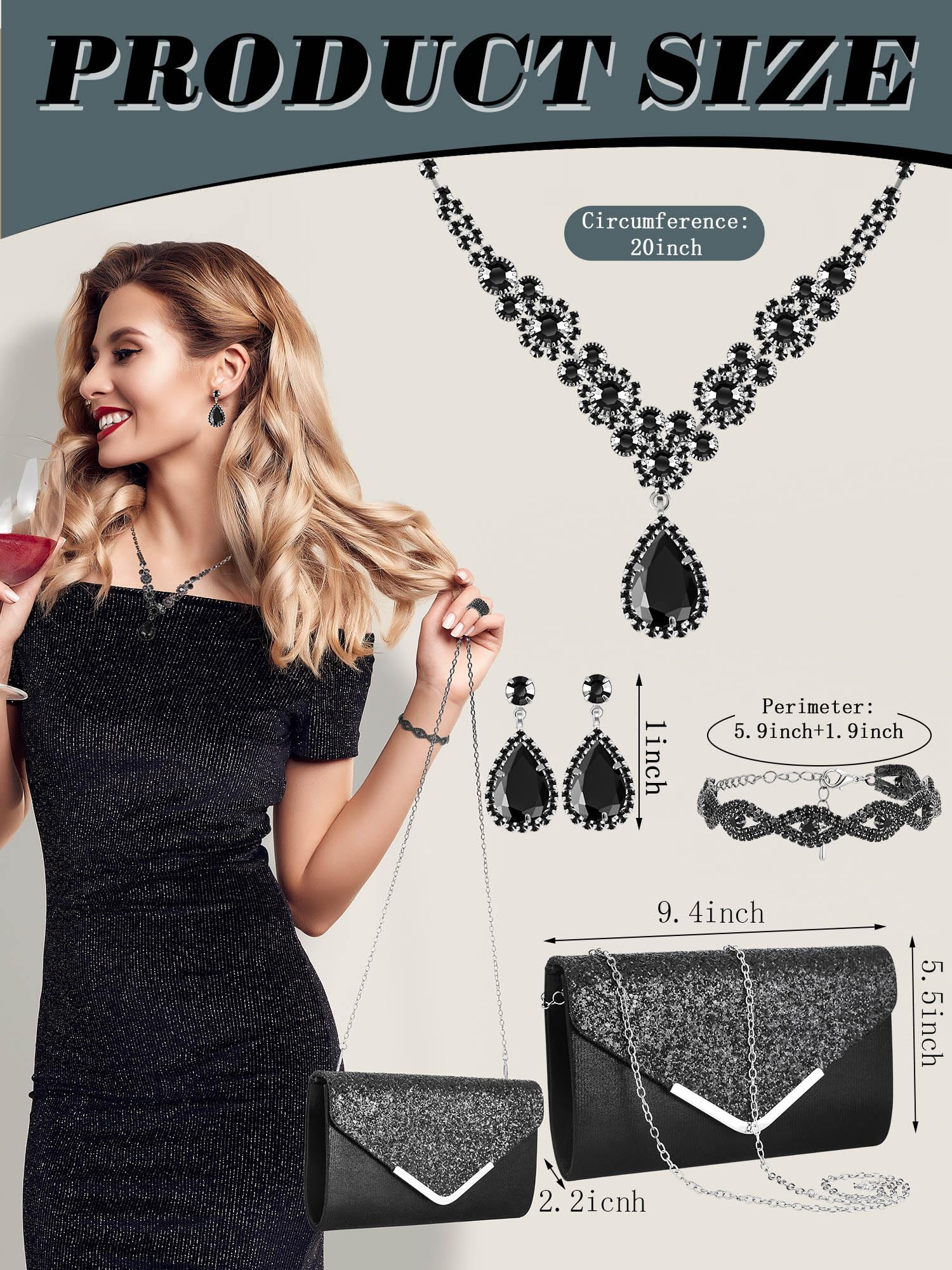 Henoyso 5-Piece Rhinestone Jewelry Set for Women - Necklace, Earrings & Bracelet with Matching Clutch Purse - Perfect for Bridal, Prom & Evening Events - Elegant Wedding Accessories & Formal Party Jewelry Set