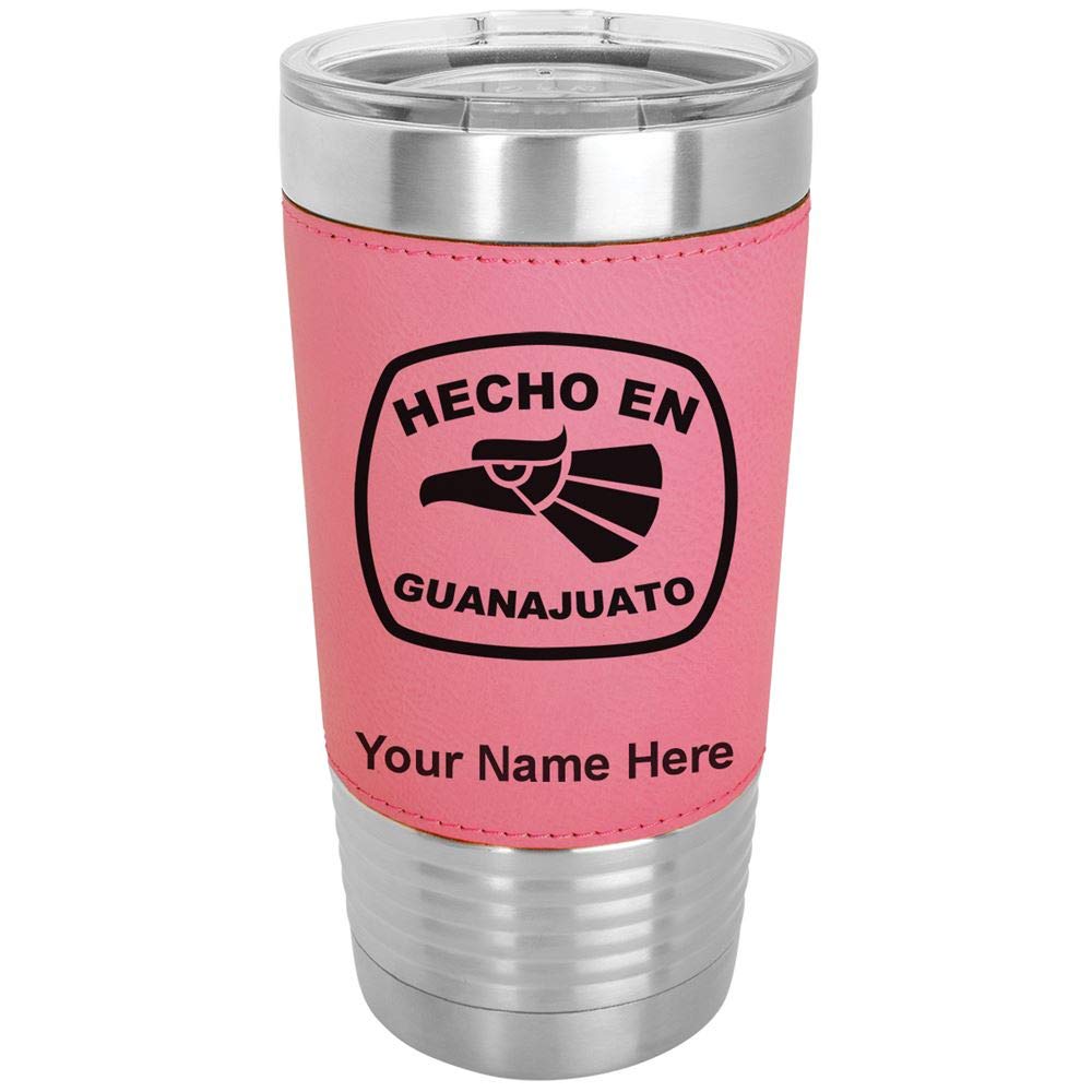 LaserGram 20oz Vacuum Insulated Stainless Steel Tumbler Mug with Personalized Engraving - Leakproof Travel Coffee Cup for Hot & Cold Drinks - Faux Leather Pink Design - Perfect for Office, Gym & Outdoor Adventures