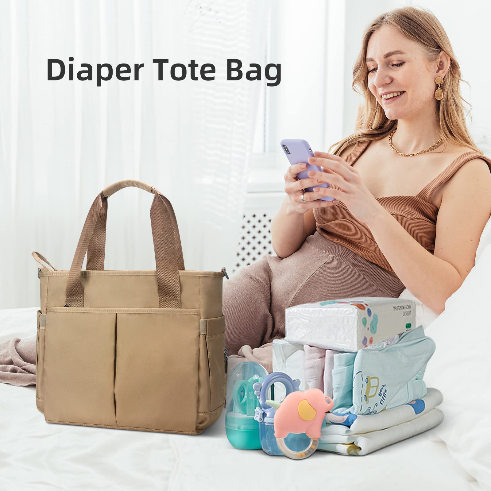 Waterproof Diaper Bag for Moms & Dads - Large Multifunctional Travel Tote with Insulated Pockets, Stroller Straps & Changing Pad (Khaki) | Perfect for Daycare, Family Outings & Baby Travel Essentials