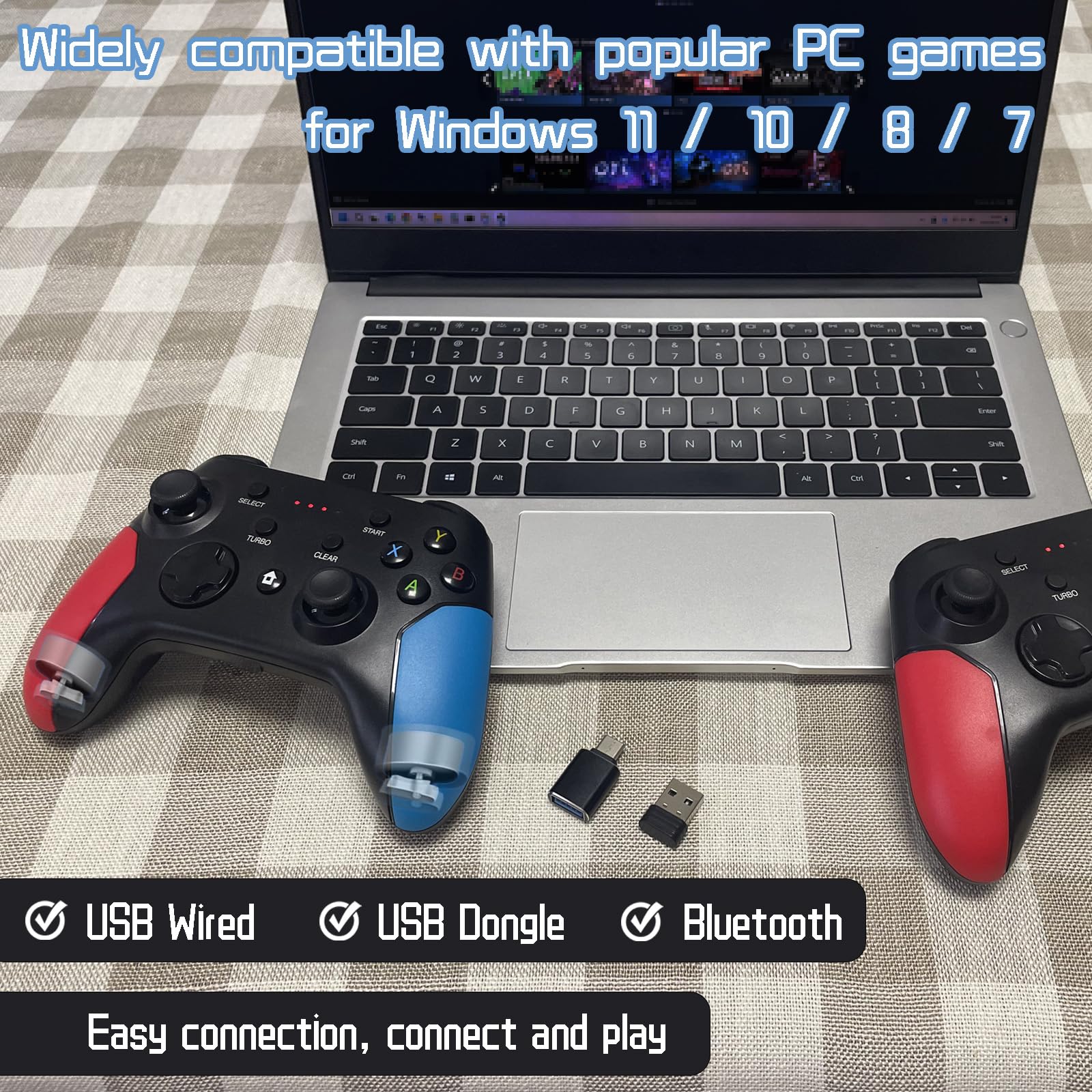Wireless Bluetooth Controller for iPhone, Android, Switch, PC - Gaming with Dongle & Phone Clip