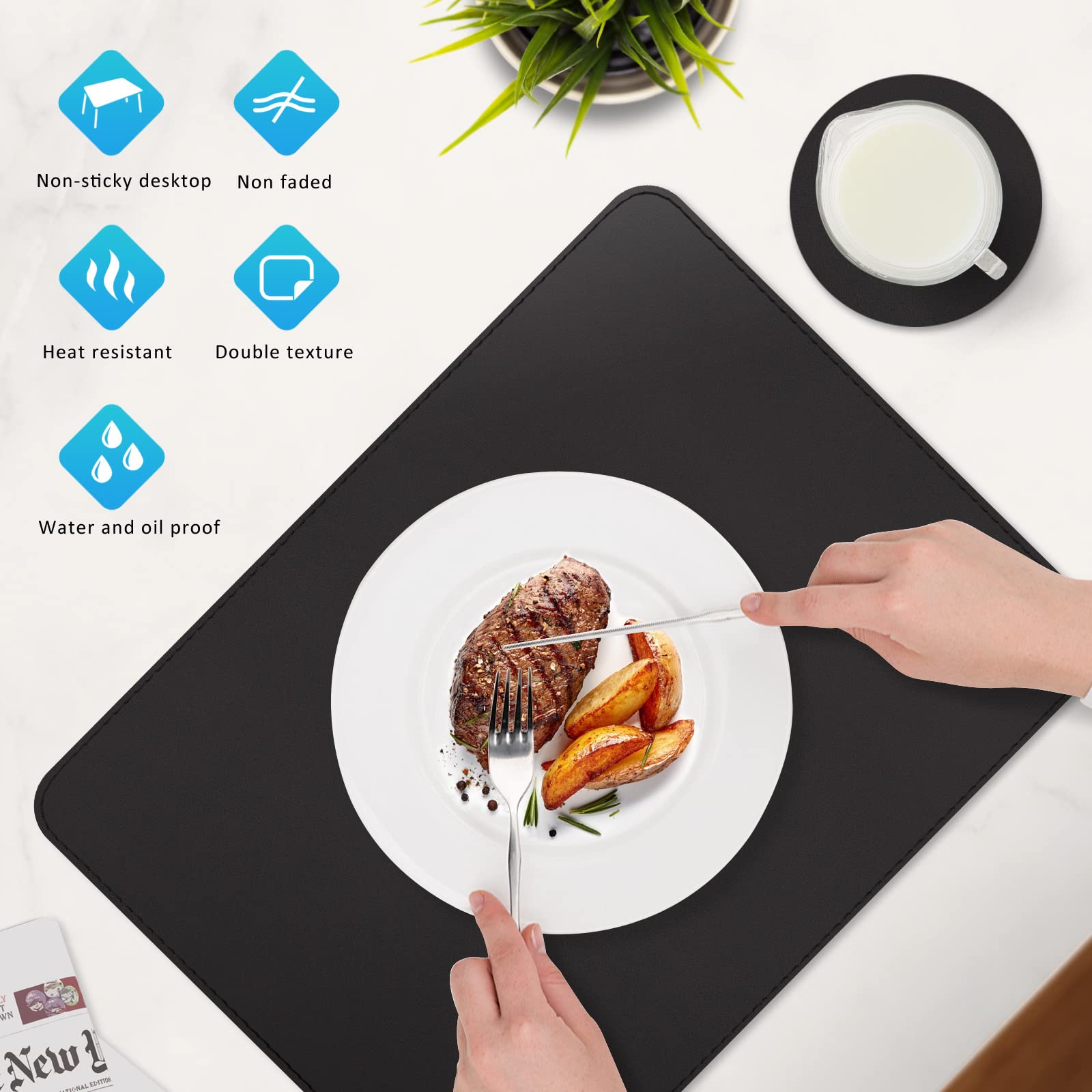 Premium 6-Pack Black Faux Leather Placemats - Waterproof, Heat Resistant, Easy to Clean Vinyl Table Mats for Kitchen & Dining Room Decor - Perfect for Indoor, Outdoor, Parties & Daily Use (Black)