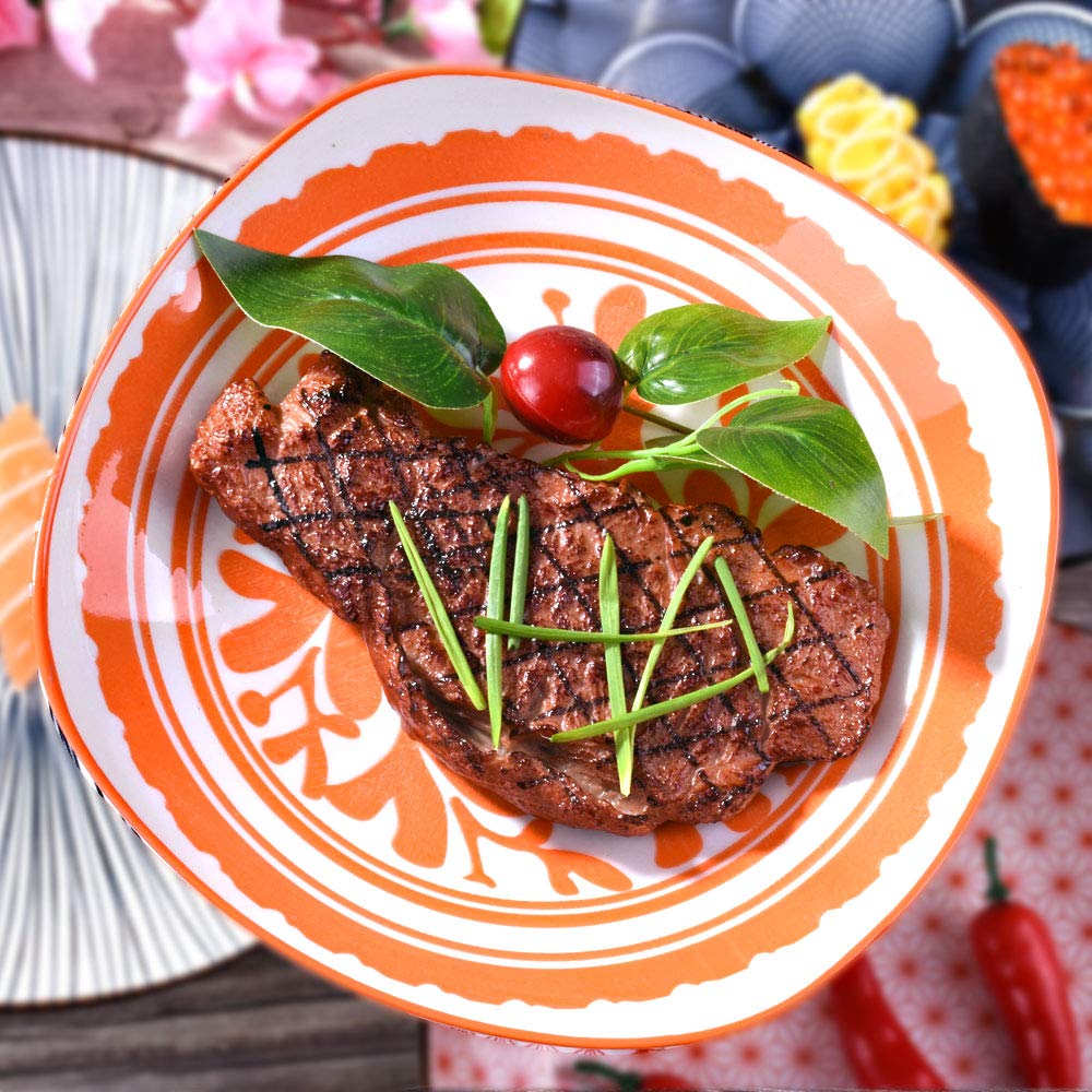 8 Inch Porcelain Dinner Plate Set of 4 - Large Japanese Style Square Ceramic Plates with Red & Black Patterns - Perfect for Appetizers, Sushi, Tapas, and Home Decor